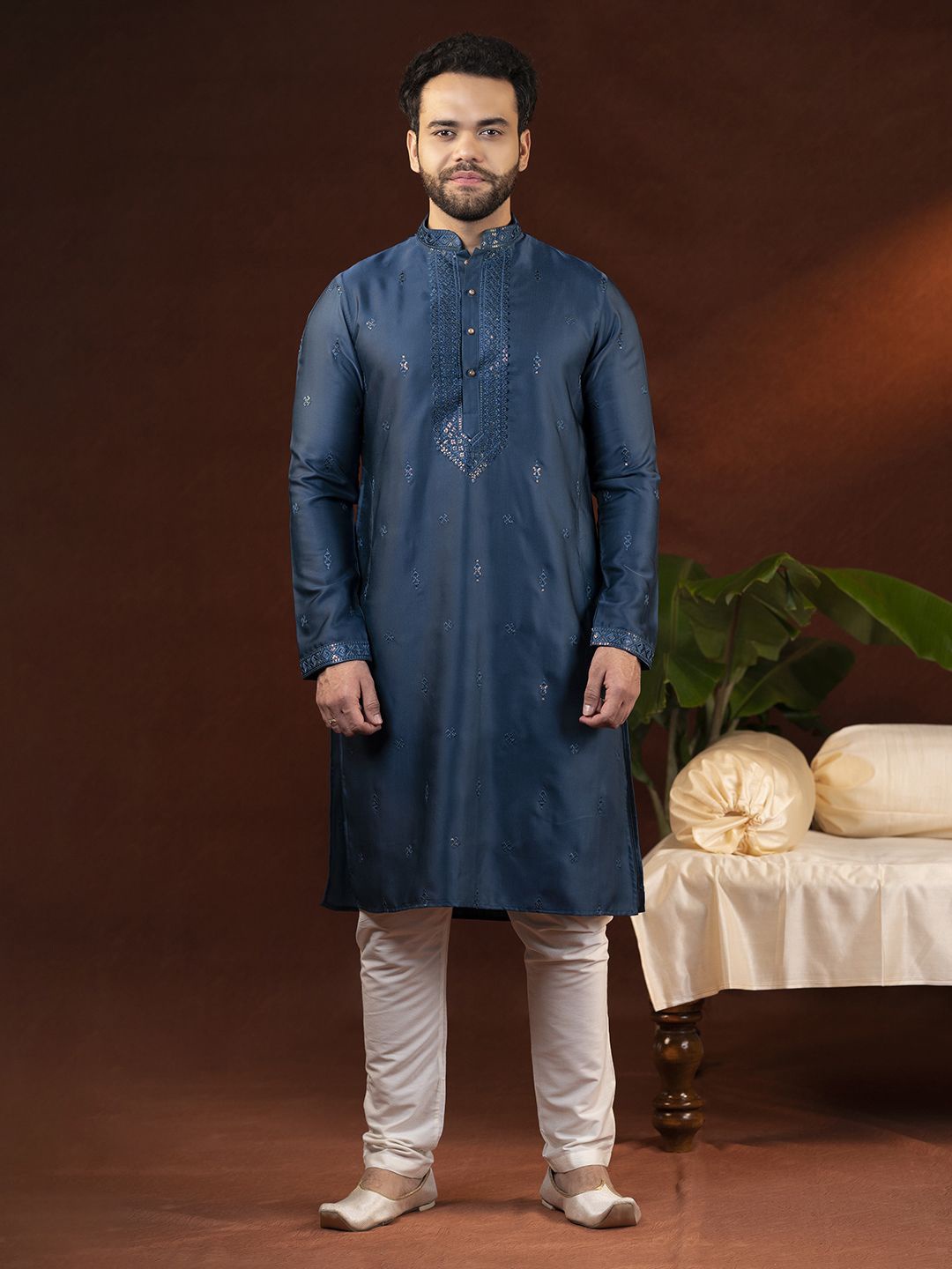 

TheEthnic.Co Geometric Embroidered Straight Pure Cotton Kurta with Churidar, Blue