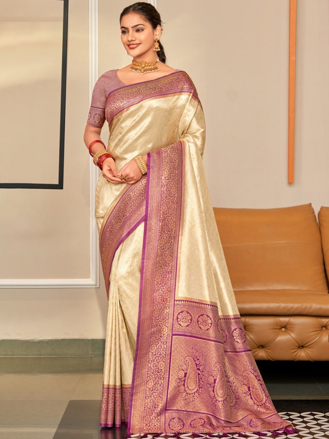 

MySilkLove Woven Design Zari Kanjeevaram Saree, Cream