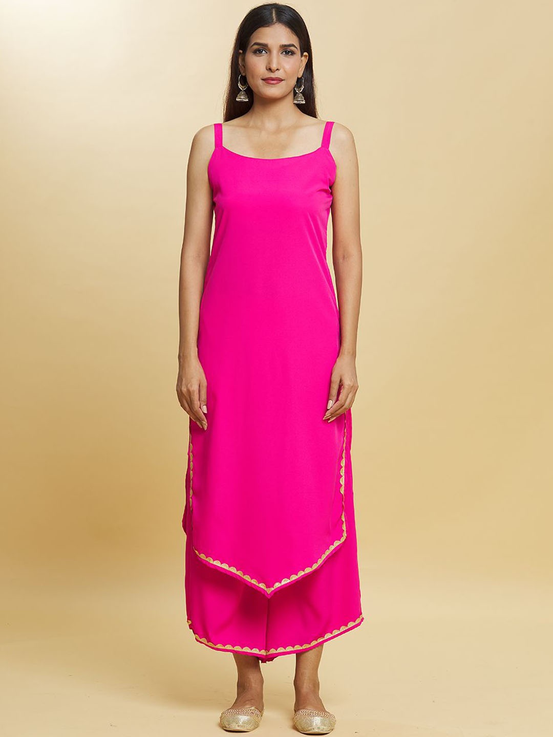 

Adara Khan Shoulder Strap Regular Straight Kurta with Palazzos & Dupatta, Pink