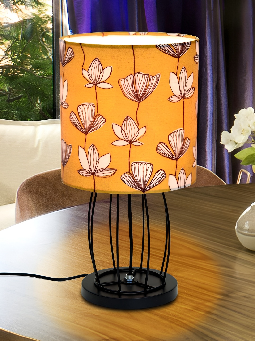 

Homesake Yellow Printed Cotton Contemporary Cylindrical Shaped Table Lamp with Bulb