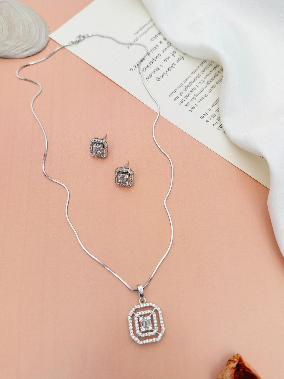 

ABDESIGNS Silver-Plated Stone-Studded American Diamond Jewellery Set