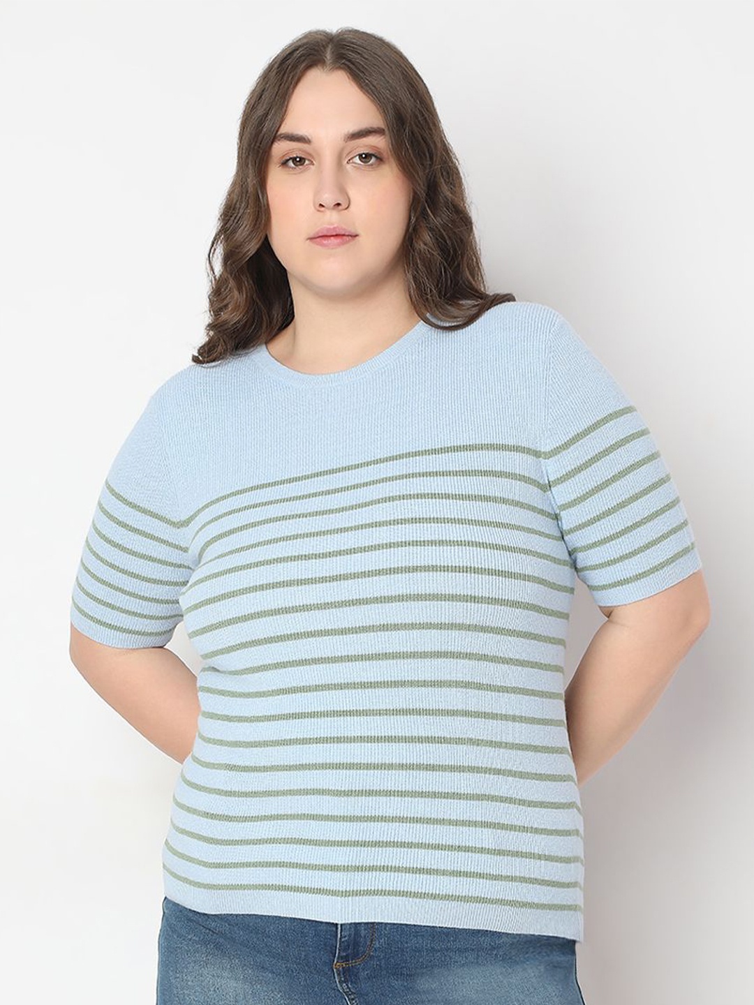 

VERO MODA CURVE Women Round Neck Striped Top, Blue