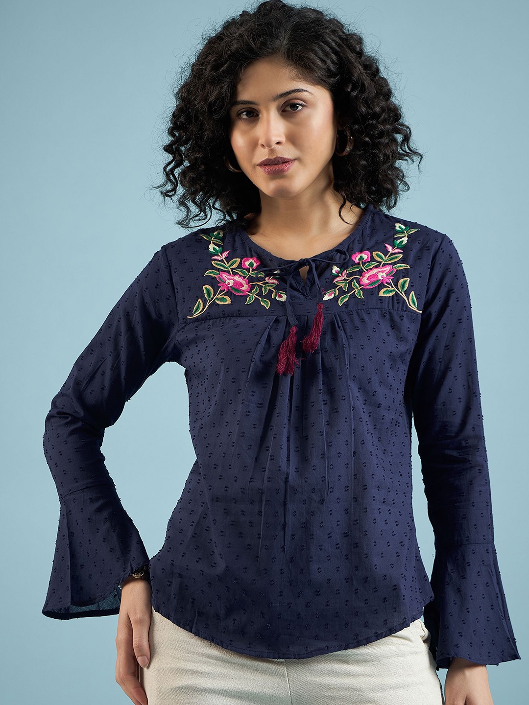 

Mayra Woman Self Design Tie-Ups Floral Embroidered Top, Navy blue