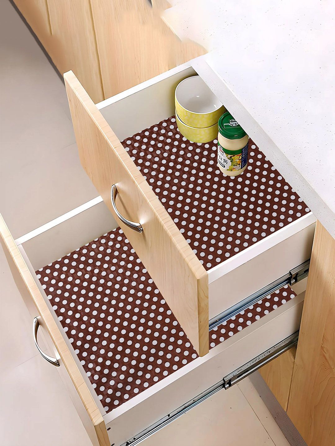 

Kuber Industries Brown & White 3 Pieces Polka Dot Printed Shelf Liner Organisers