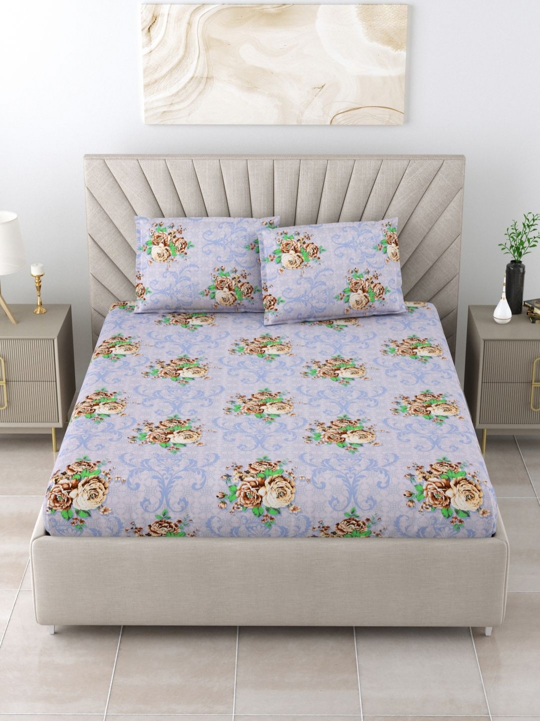 

BOMBAY DYEING Lavender & Green 104 TC Cotton King Bedsheet with 2 Pillow Covers 2 x 2mt
