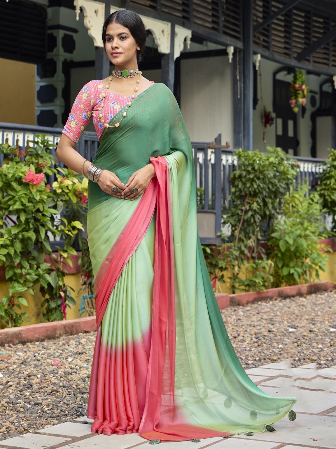 

CHUDIYA Tie and Dye Sequinned Pure Chiffon Designer Saree, Green