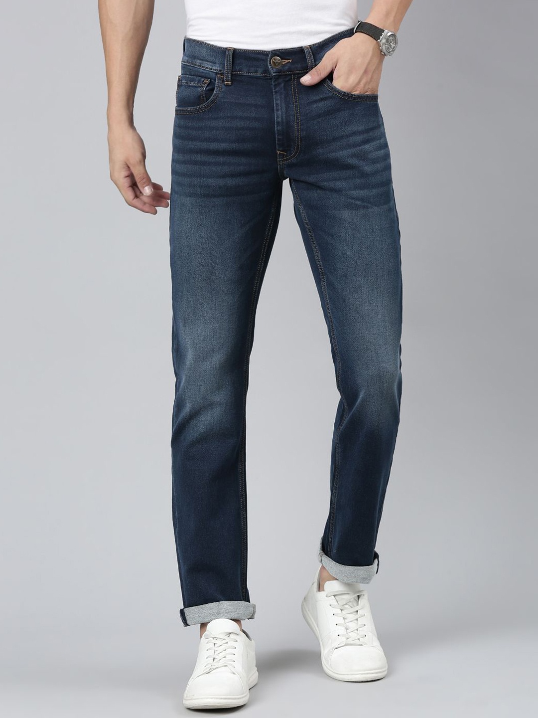

American Bull Men Cotton Slim Fit Light Fade Stretchable Jeans, Blue