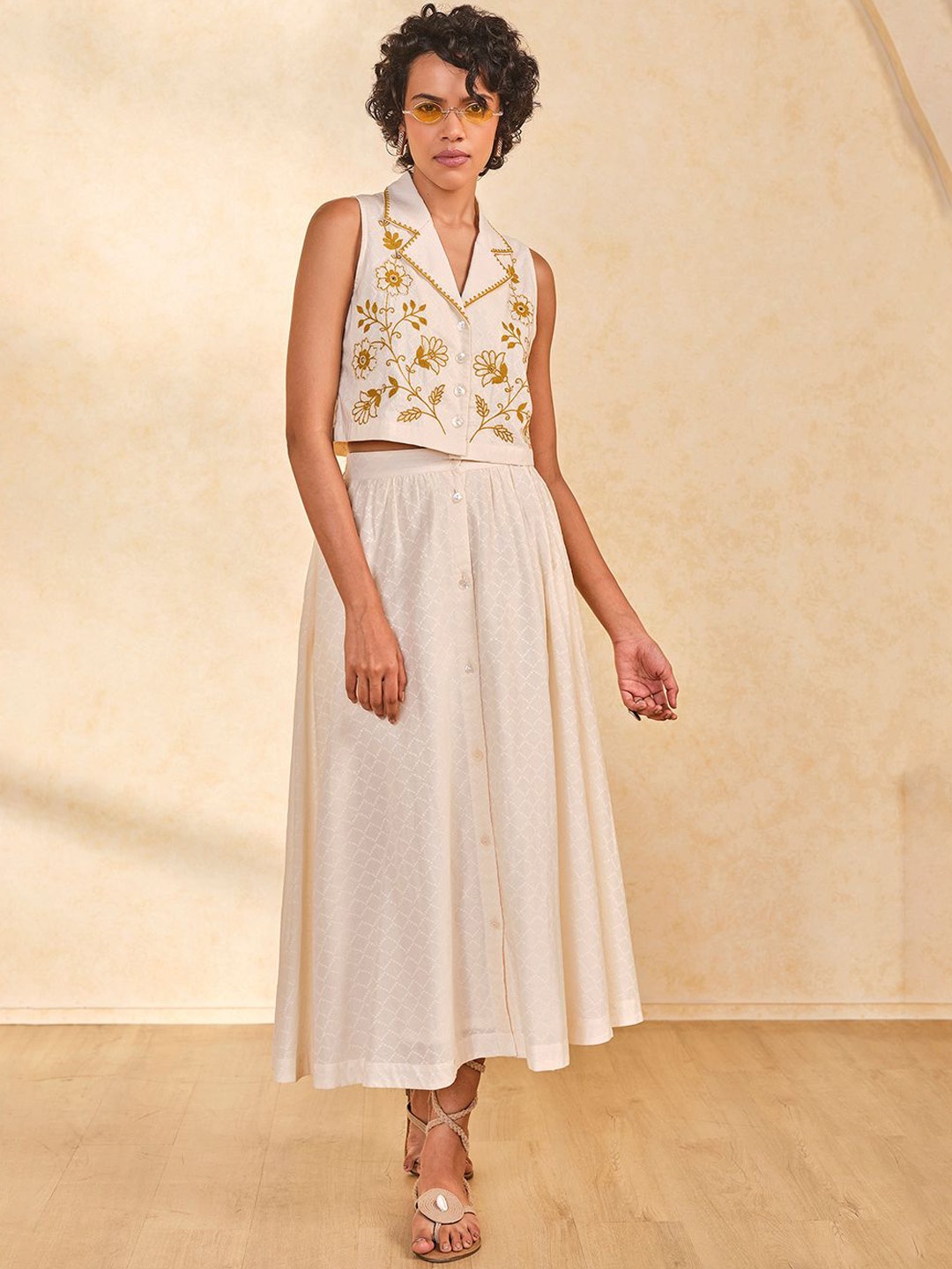 

Global Desi Floral Embroidered Shirt Collar Pure Cotton Top With Skirt, Off white