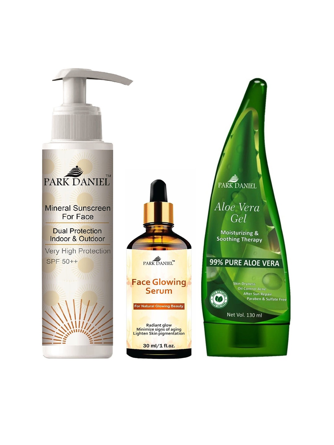 

Park Daniel Set Of 3 Mineral Sunscreen100ml with Face Serum 30ml & Aloevera Gel 130ml, Multi