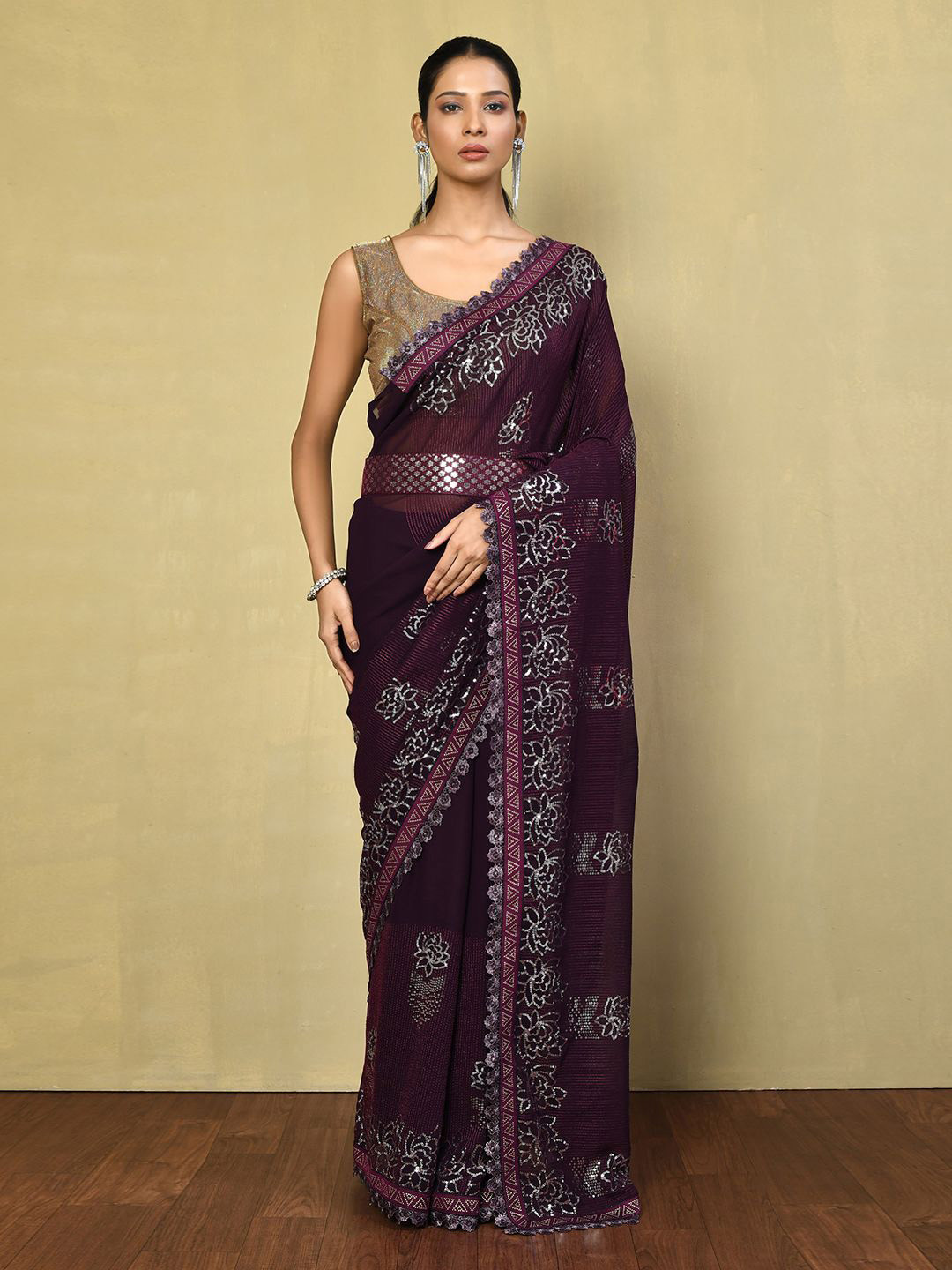

Nazaakat by Samara Singh Floral Sequinned Poly Georgette Saree, Purple