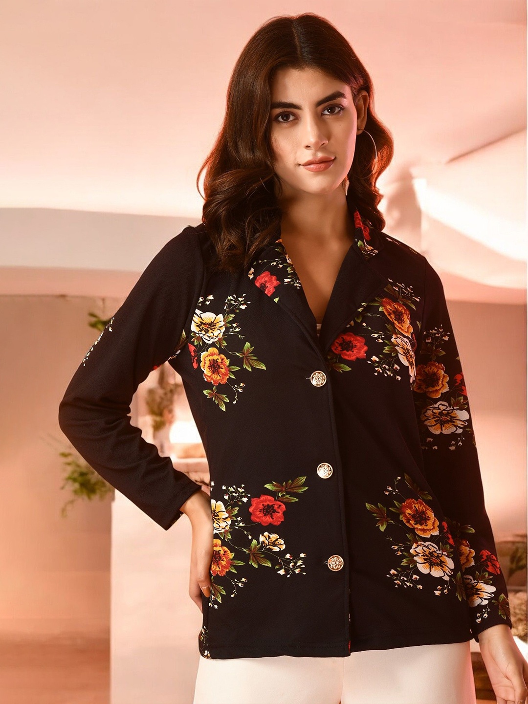 

IUGA Women Floral Printed V-Neck Button Shrug, Black