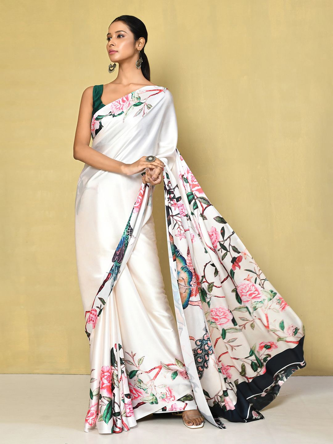 

Nazaakat by Samara Singh Floral Satin Saree, Cream