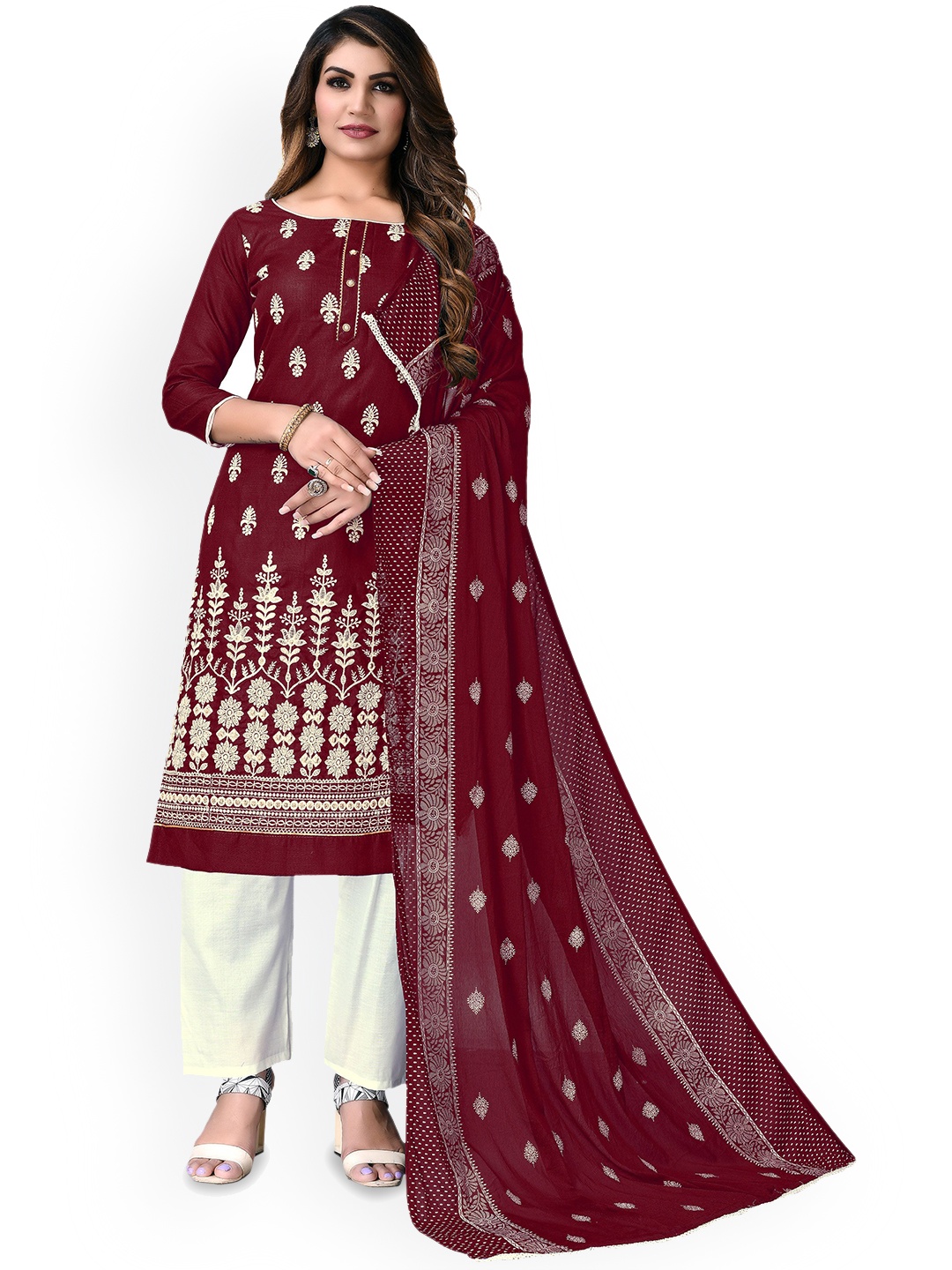 

Maroosh Floral Embroidered Zari Unstitched Dress Material, Maroon