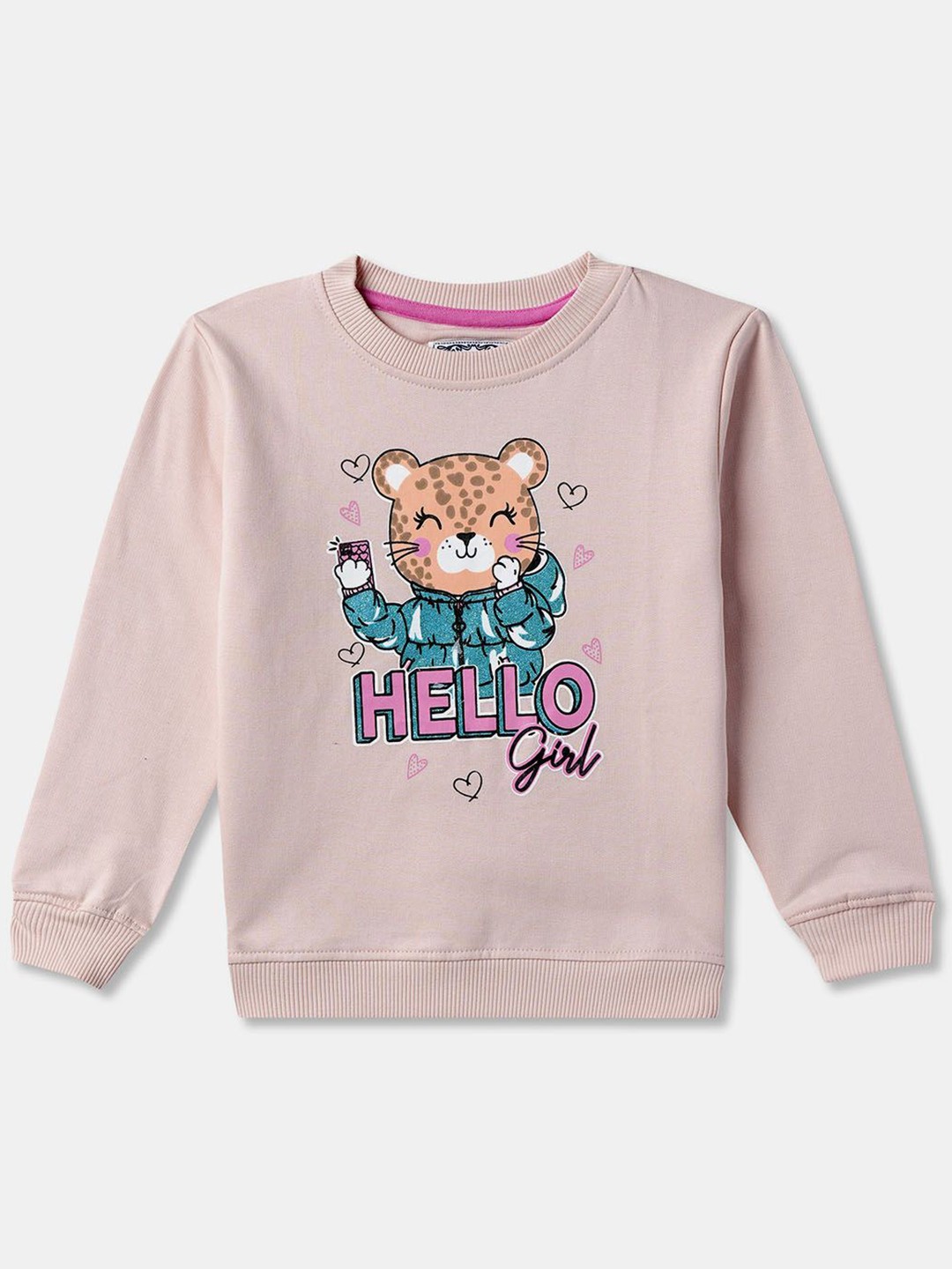 

R&B Girls Graphic Printed Cotton Sweatshirt, Peach