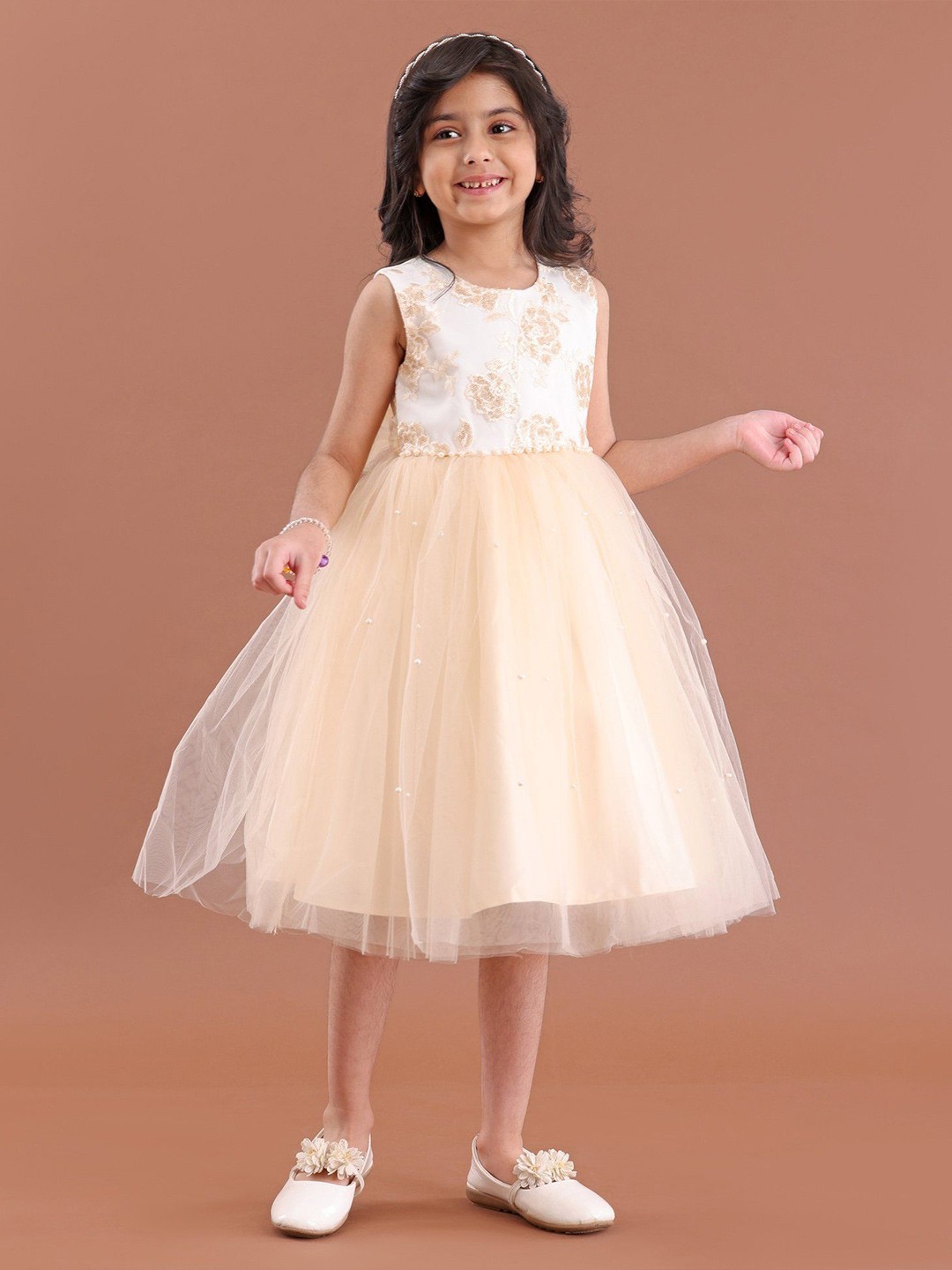 

Mark & Mia Girls Embroidered Round Neck Knee Length Fit & Flare Dress, Beige
