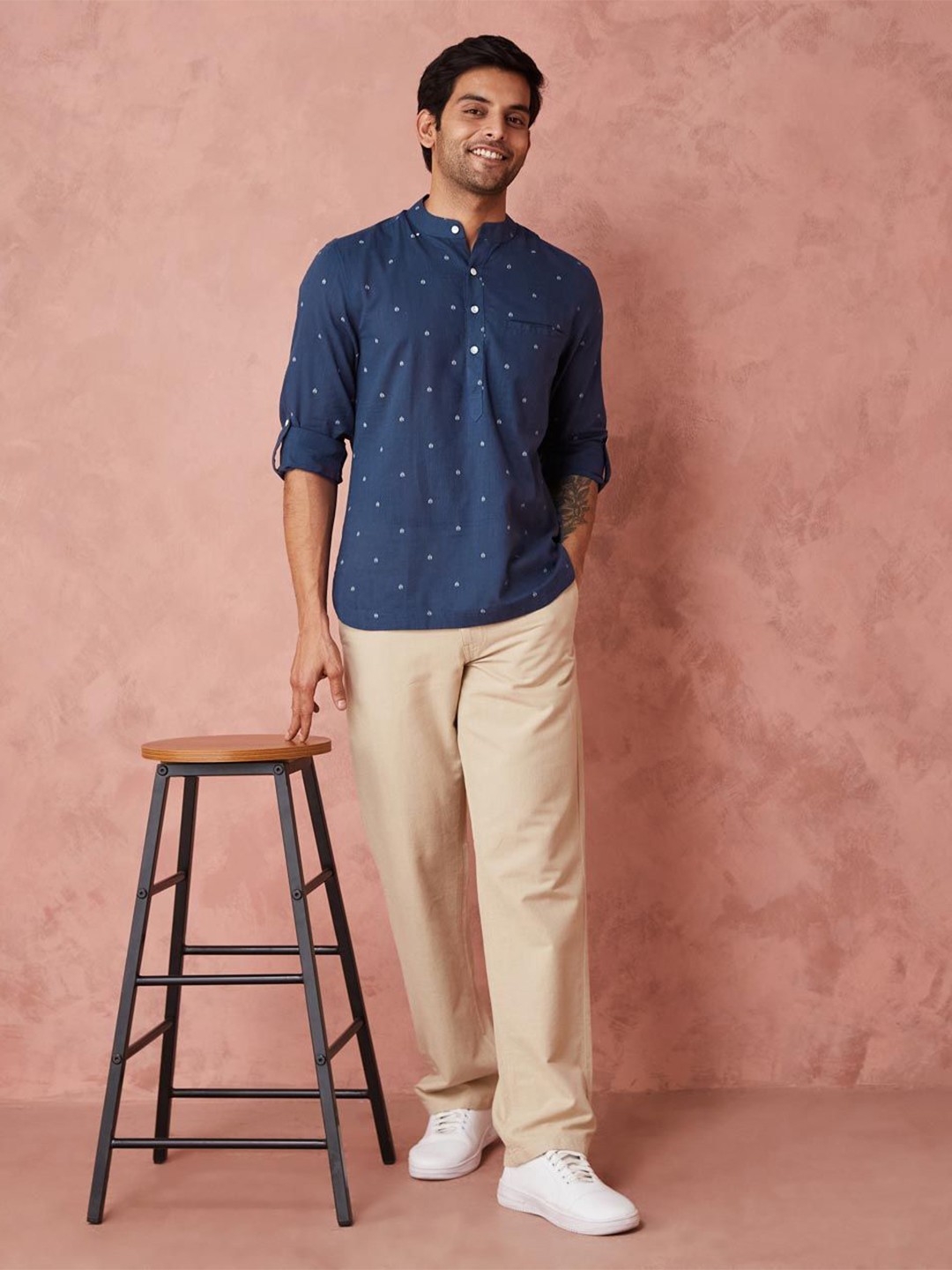 

Fabindia Men Band Collar Micro Ditsy Printed Cotton Casual Shirt, Blue