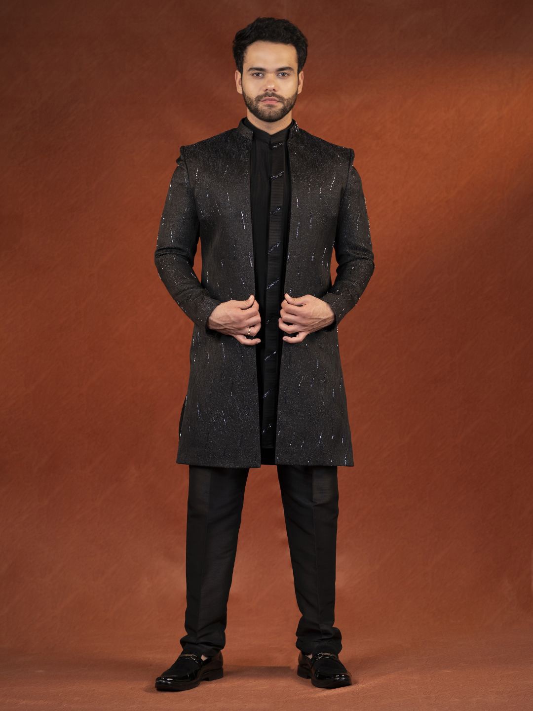 

TheEthnic.Co Self Design Sherwani, Black