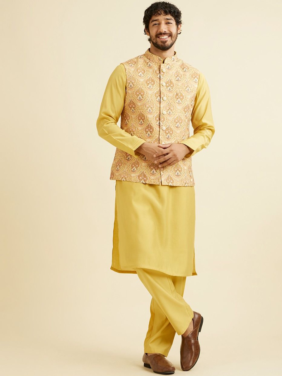 

Manyavar Straight Kurta and Trousers with Embroidered Jacket, Yellow