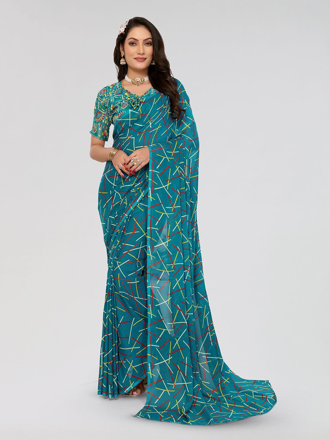 

ANAND SAREES Striped Poly Georgette Saree, Blue