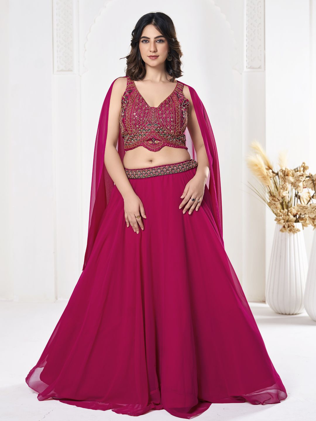 

KALINI Embroidered Thread Work Semi-Stitched Lehenga & Unstitched Blouse With Dupatta, Pink
