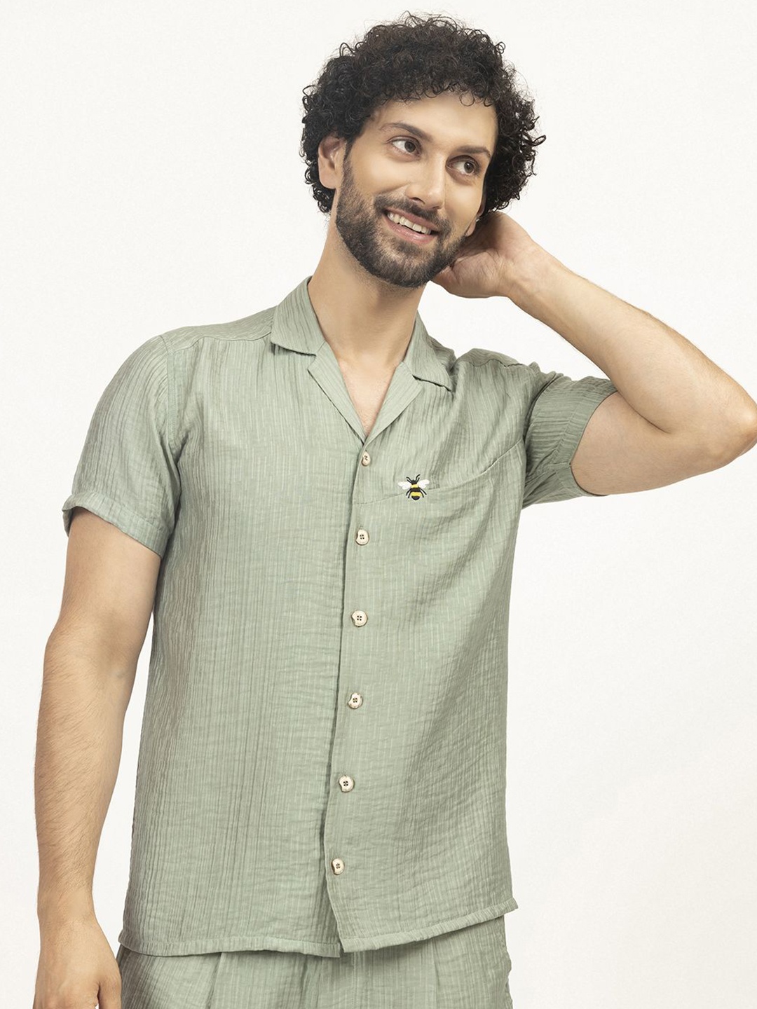 

LELA Men New Cuban Collar Solid Casual Shirt, Green