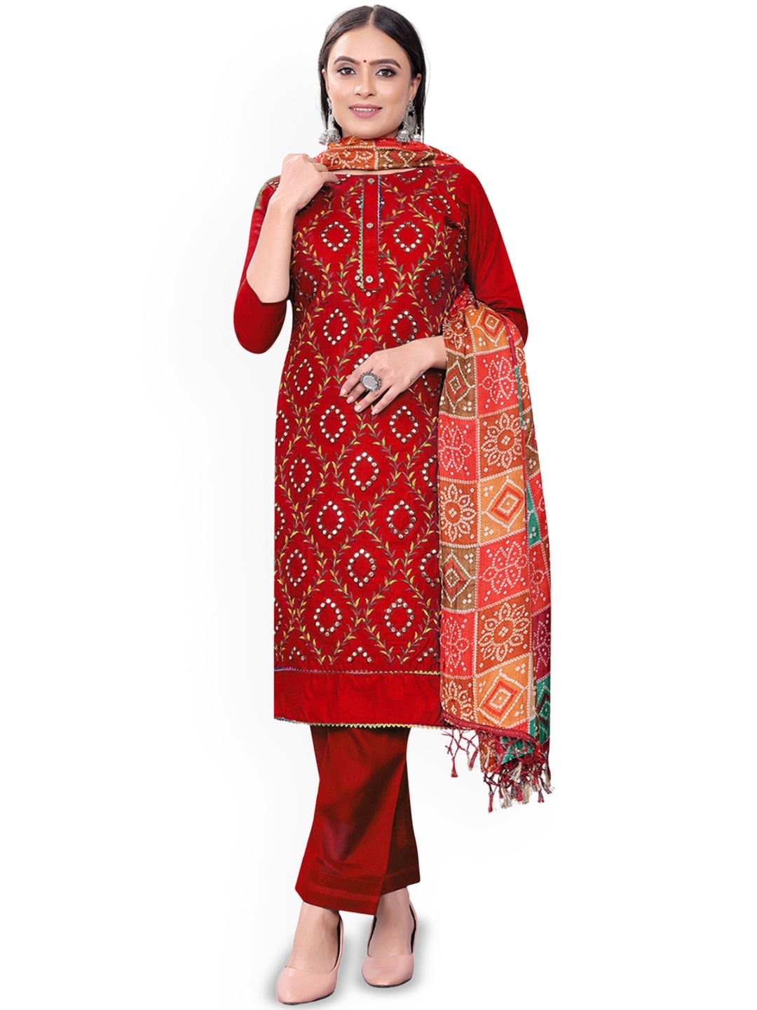 

Maroosh Ethnic Motifs Embroidered Mirror Work Unstitched Dress Material, Red