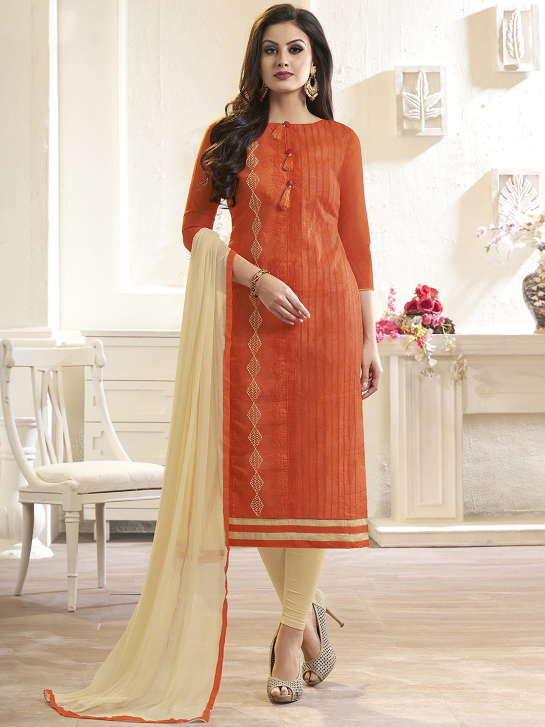 

Maroosh Geometric Embroidered Unstitched Dress Material, Orange