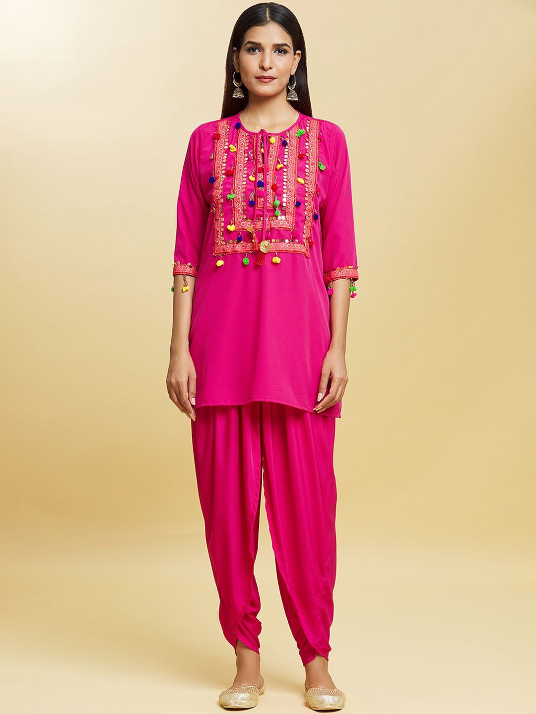 

Adara Khan Women Embroidered Angrakha Thread Work Kurta with Dhoti Pants, Pink
