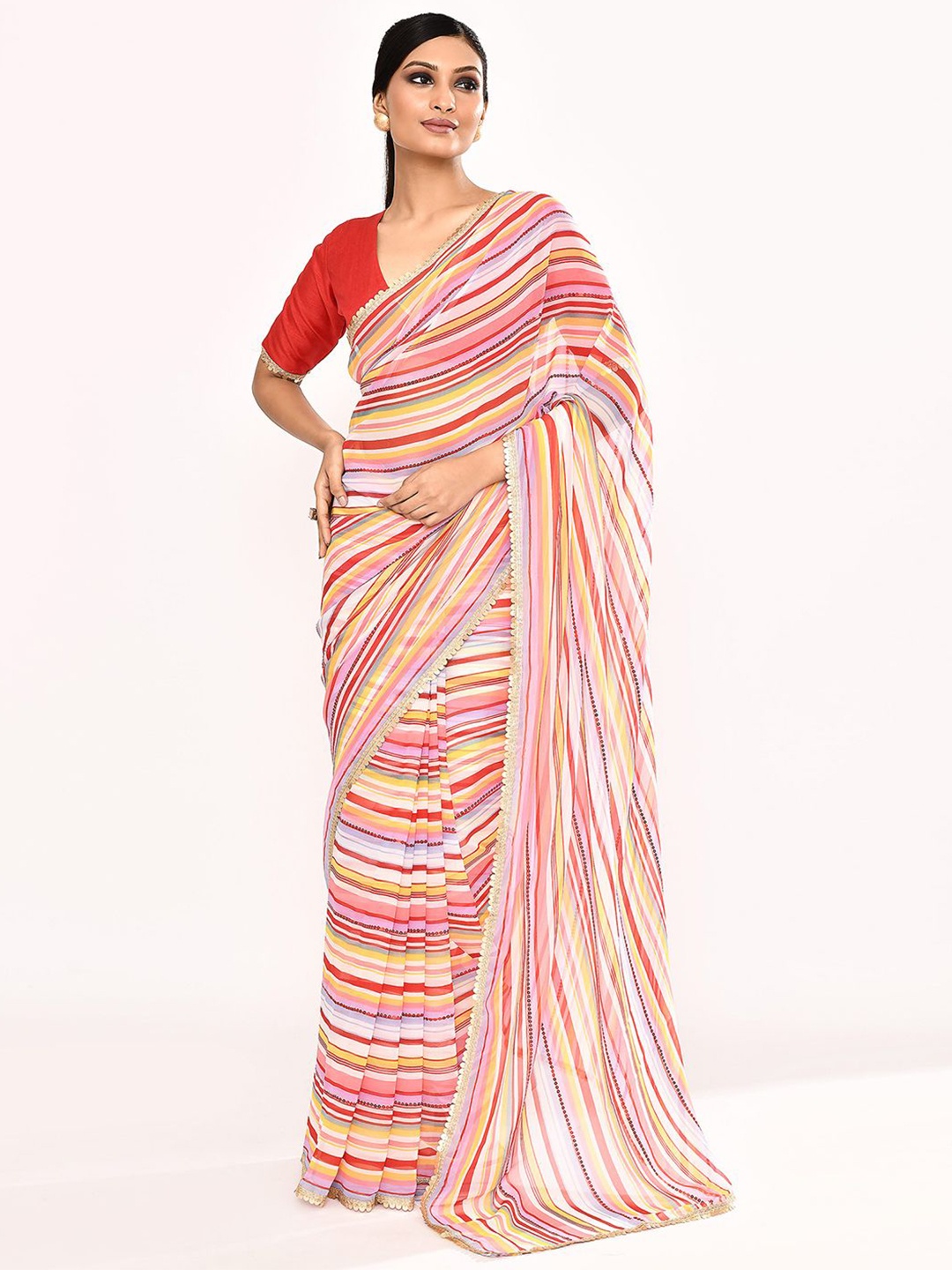 

Samyukta Singhania Striped Embroidered Poly Georgette Saree, White