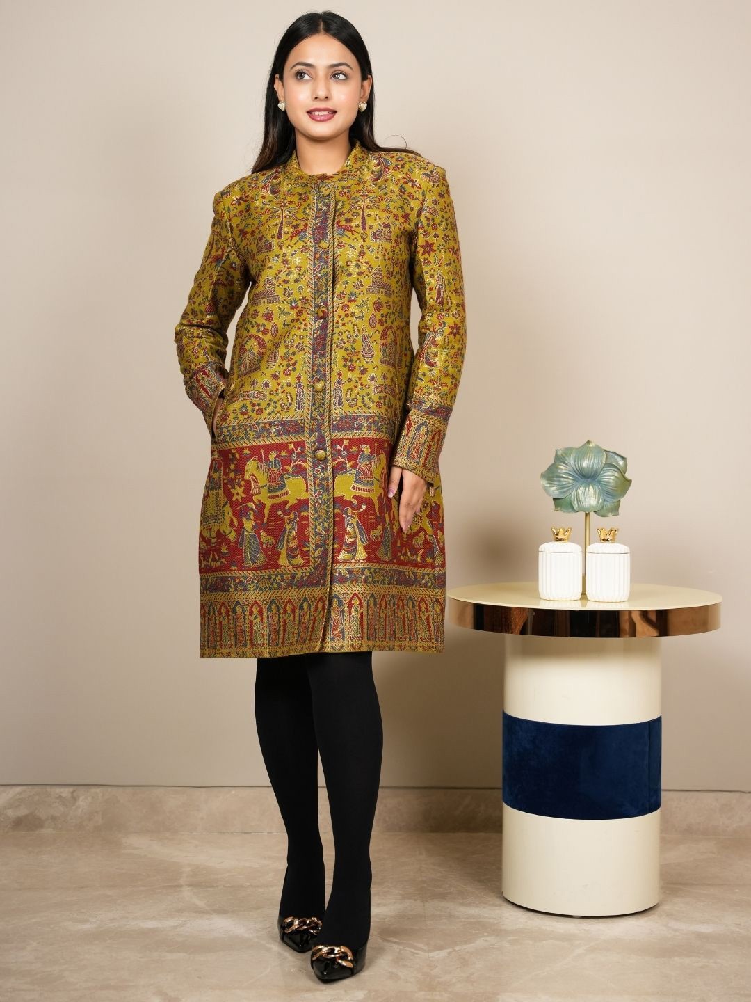 

HOUSE OF KIRNA'S WITH LOGO OF HOK Women Ethnic Motifs Woven Design Jacquard Kurti, Mustard