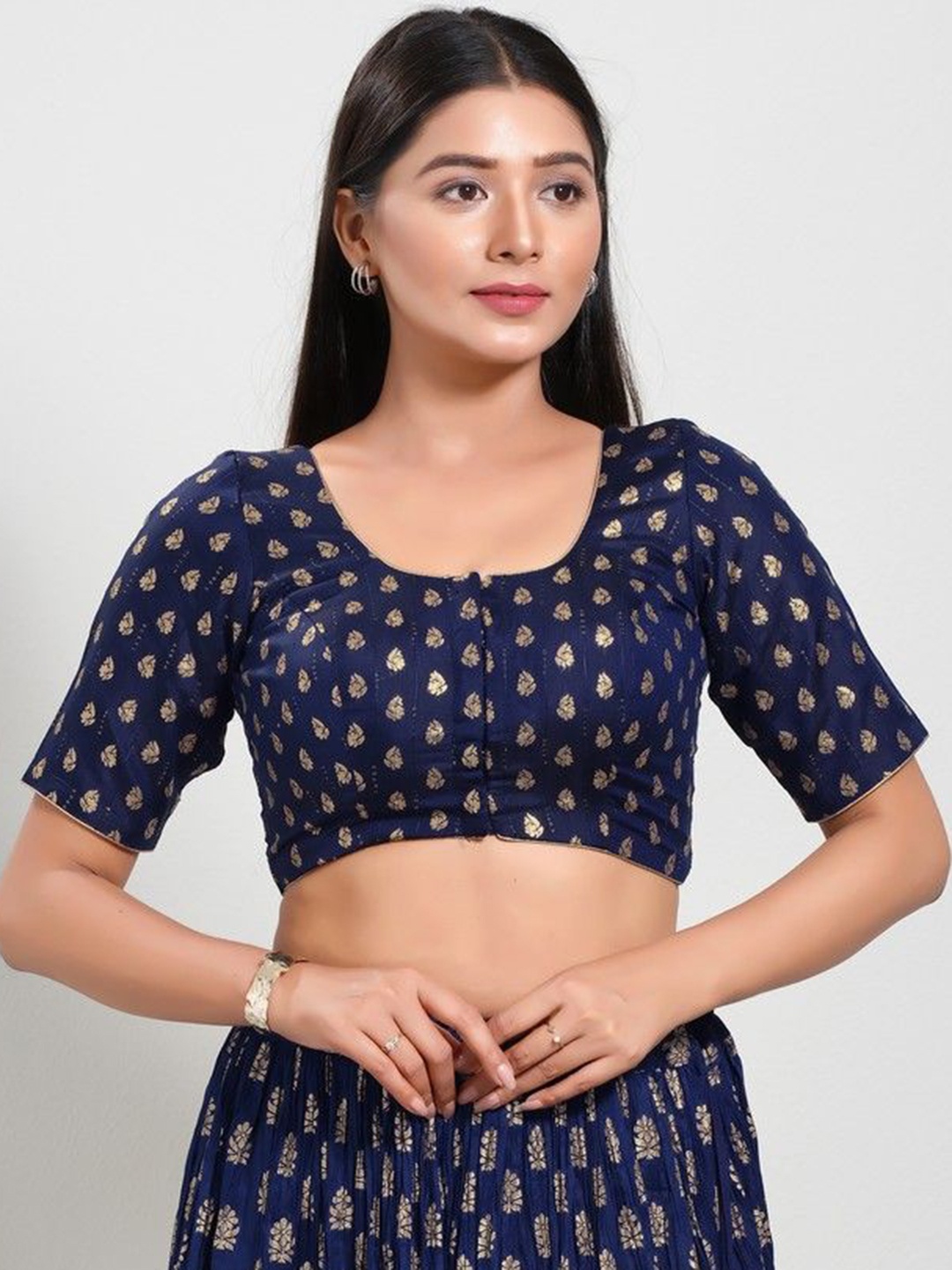 

Mmore Women Woven Design Saree Blouse, Navy blue