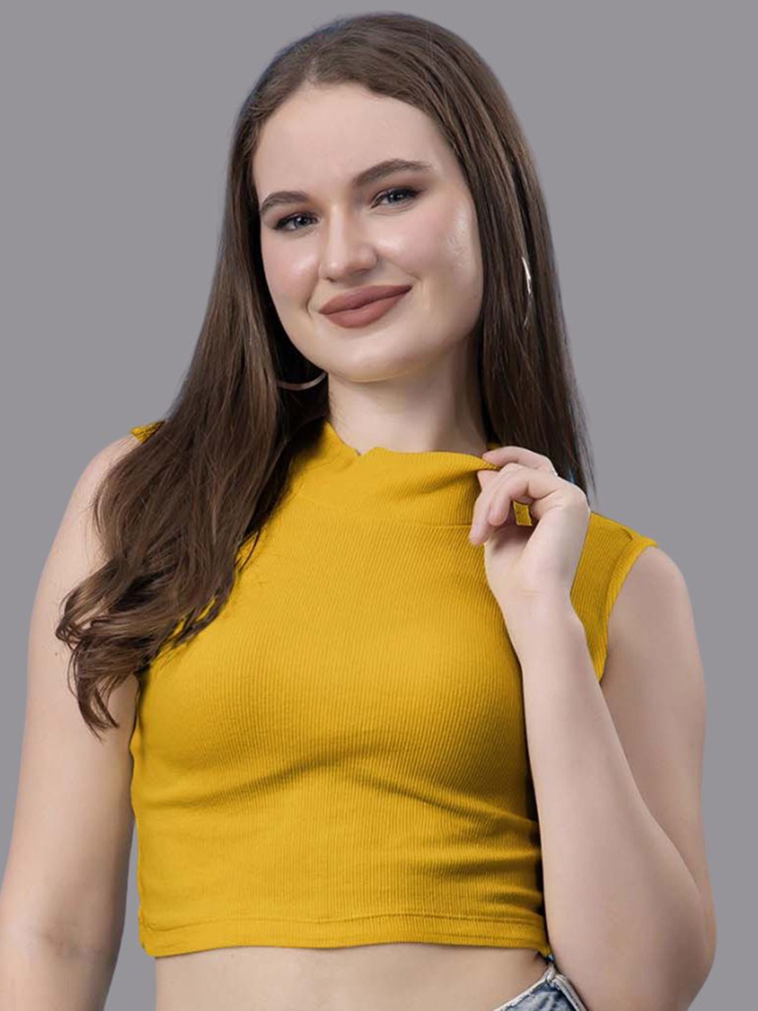 

Friskers Women High Neck Cotton Crop Top, Mustard