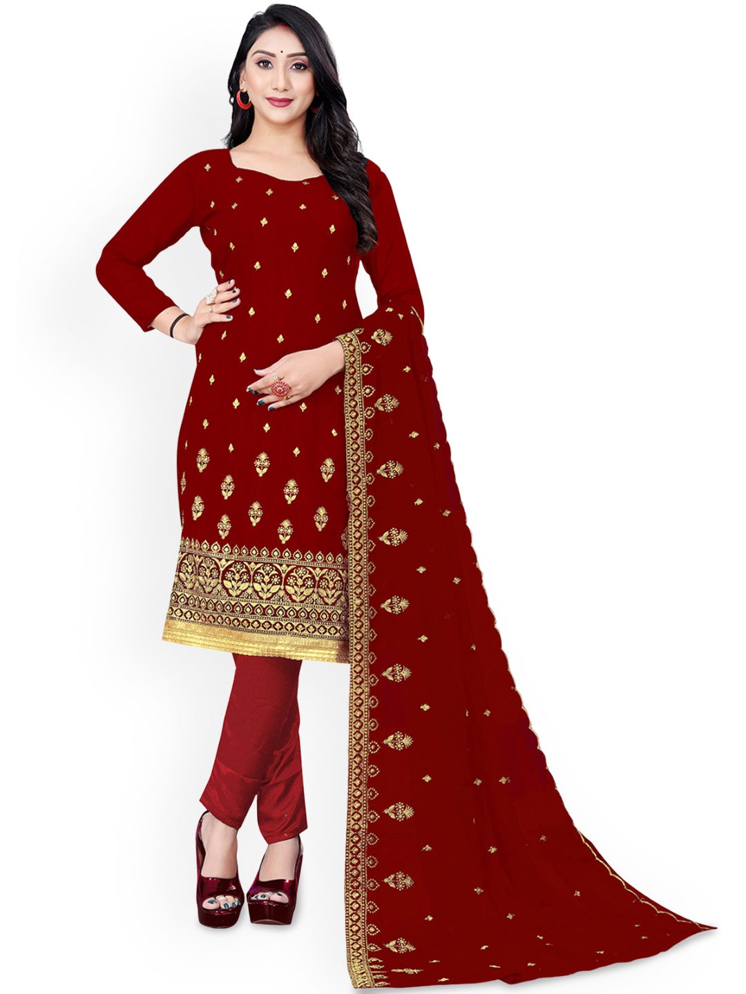 

Maroosh Floral Embroidered Unstitched Dress Material, Maroon