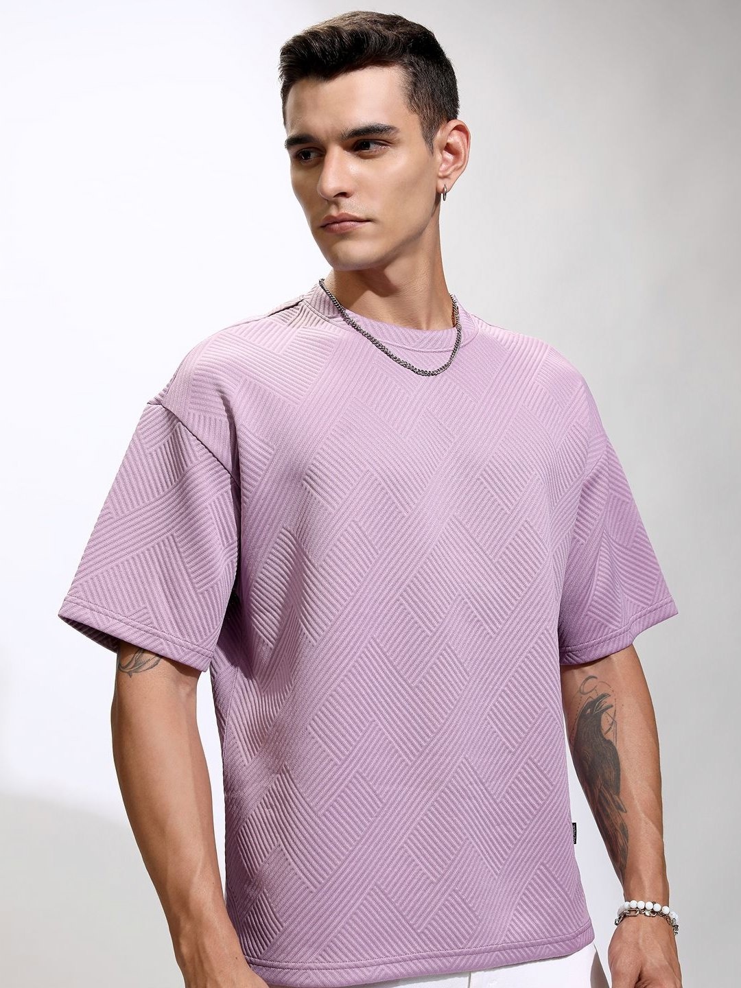 

HIGHLANDER Men Self Design Round Neck Oversized T-shirt, Purple