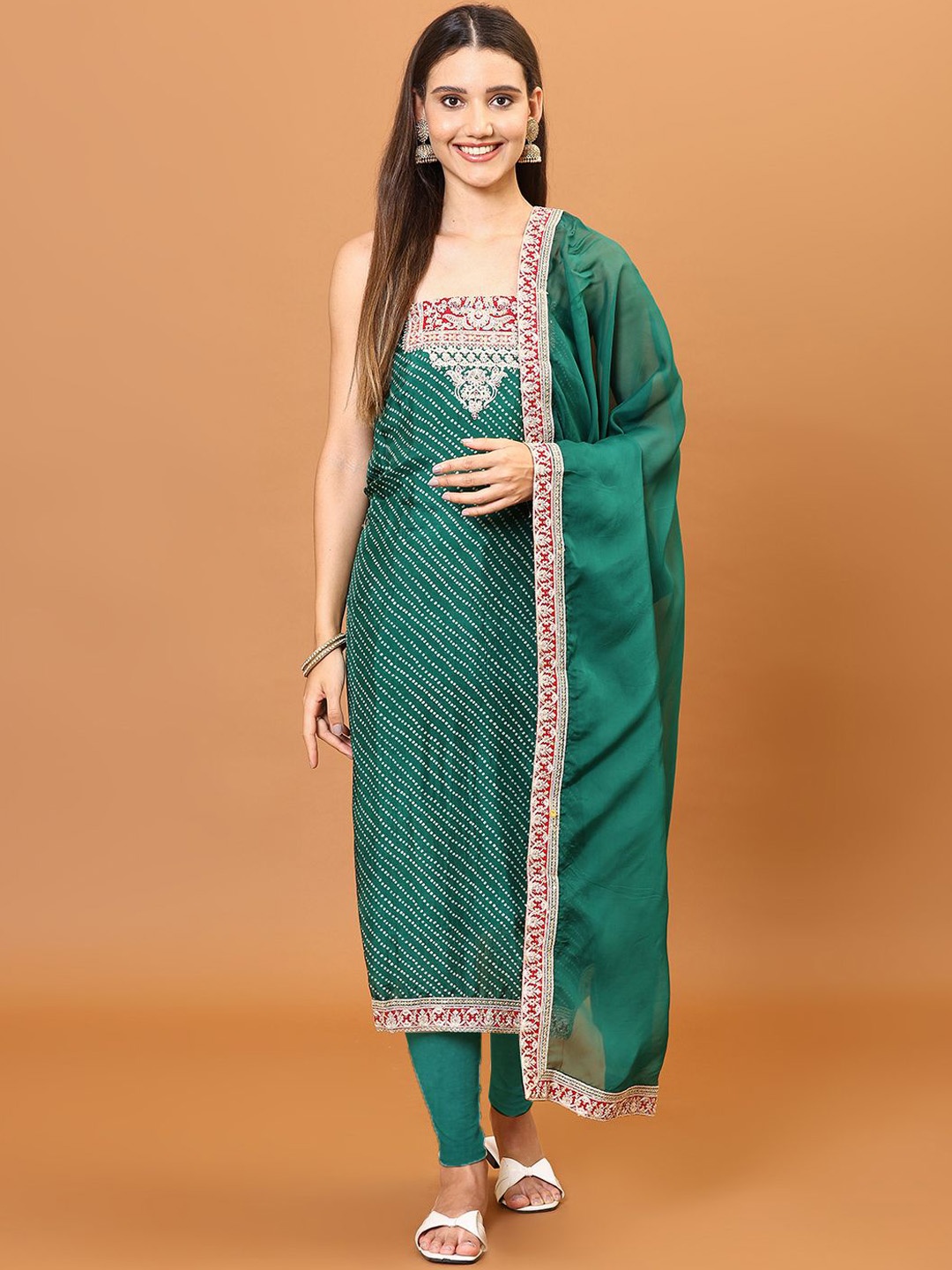 

Meena Bazaar Bandhani Printed Thread Work Unstitched Dress Material, Green
