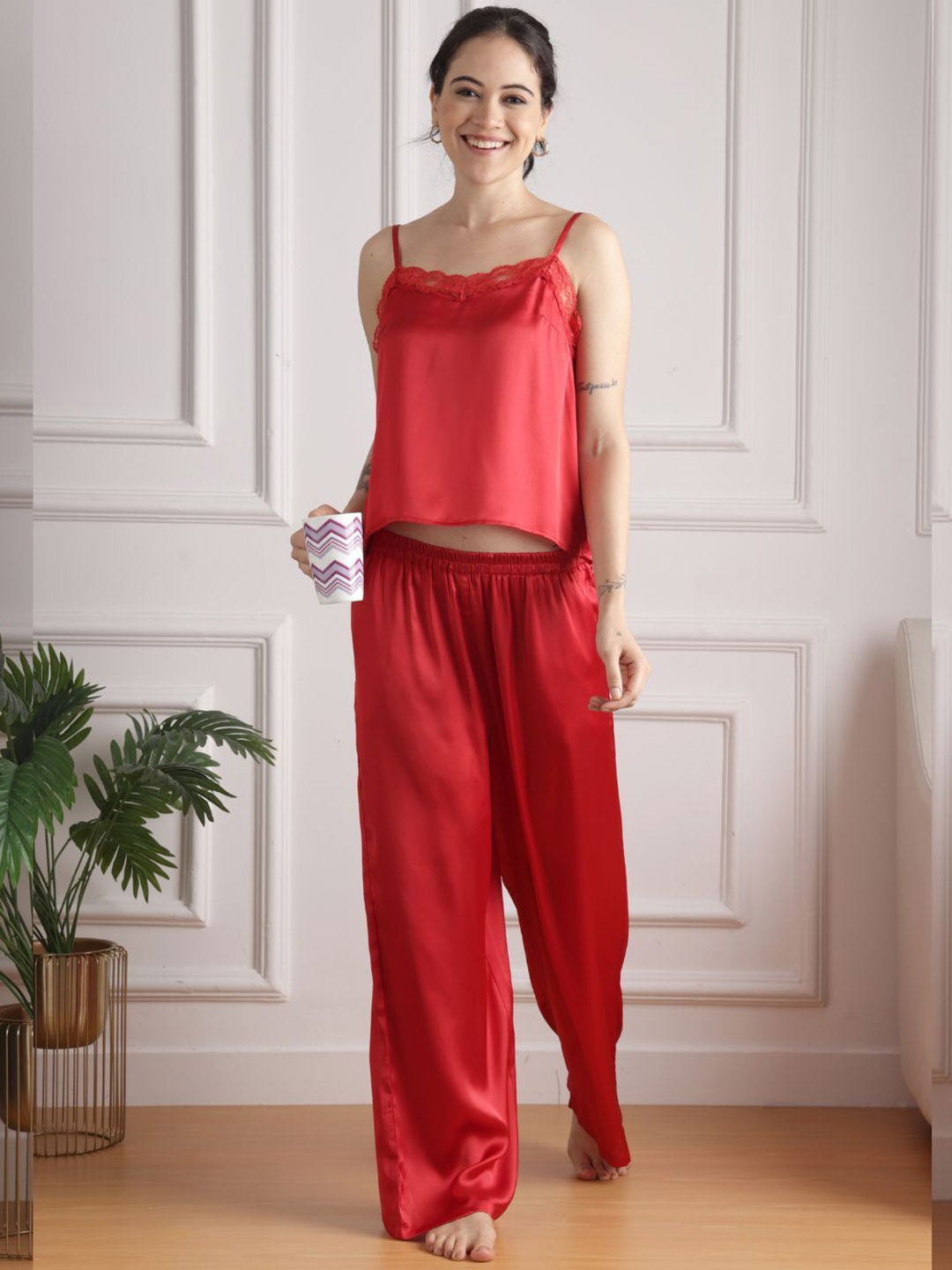 

Slumber Jill Women Mid-Rise Satin Lounge Pant, Red