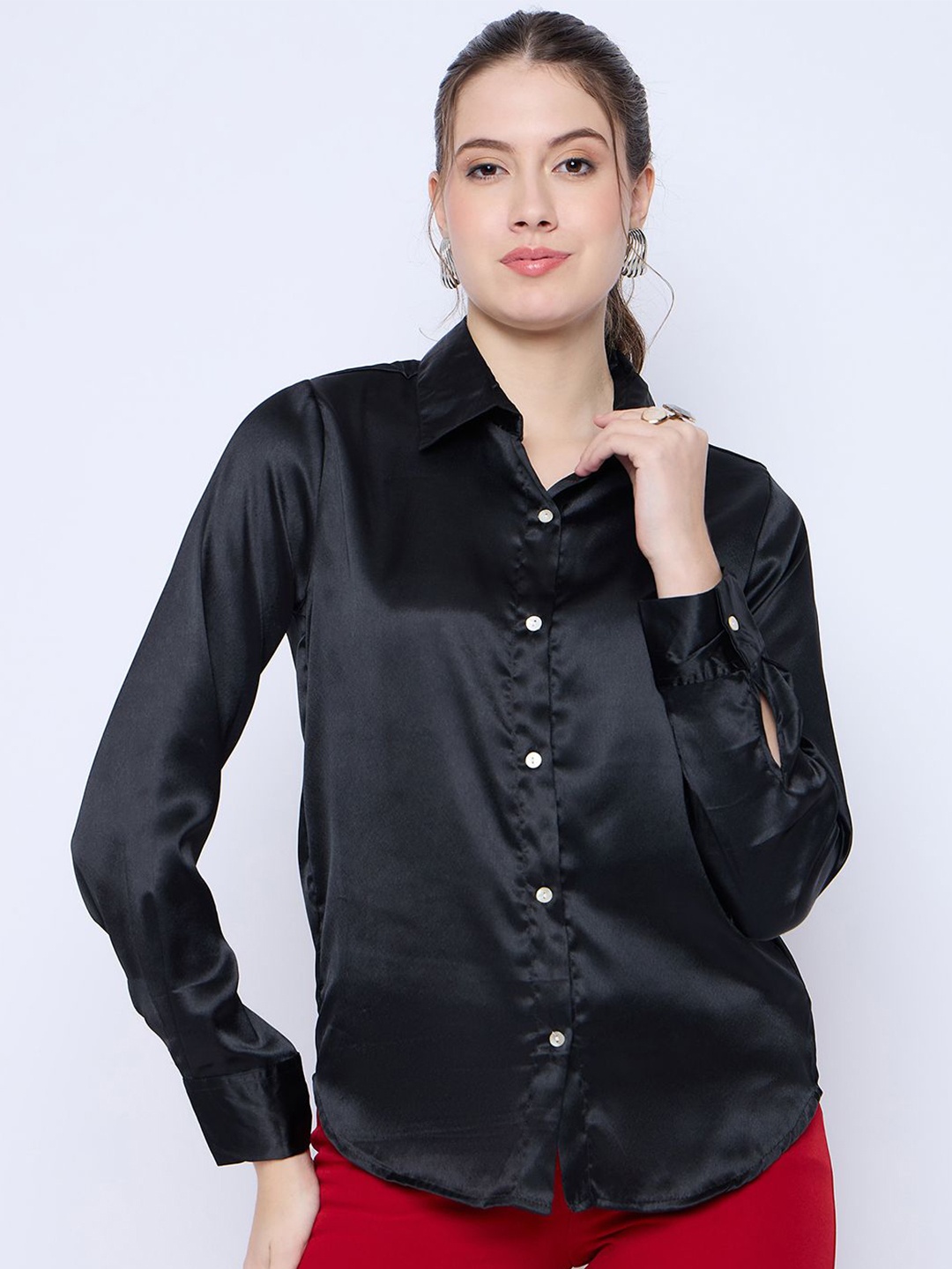 

Color Cocktail Women Spread Collar Solid Satin Casual Shirt, Black