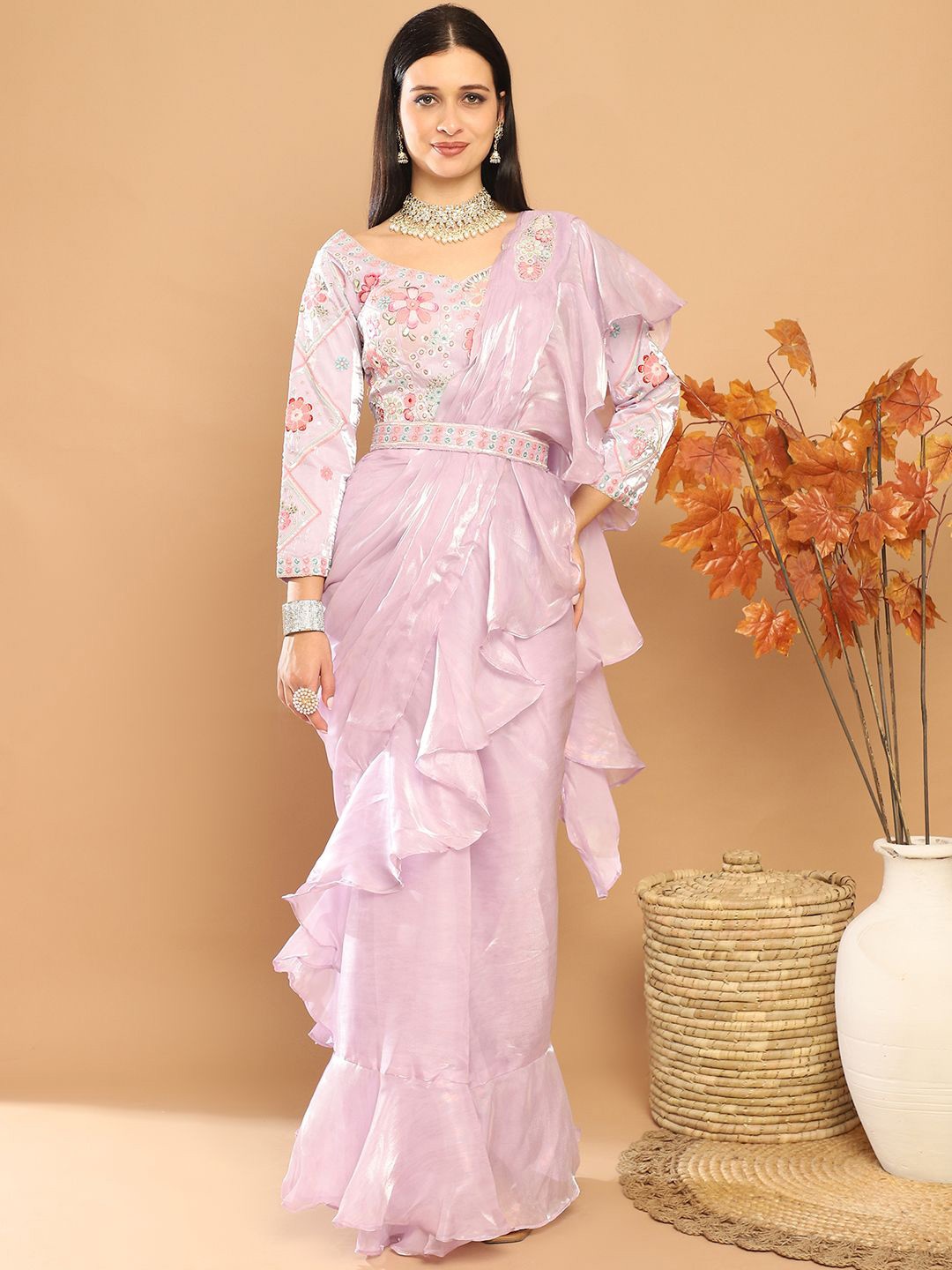 

Grancy Floral Sequinned Organza Ready to Wear Saree, Pink