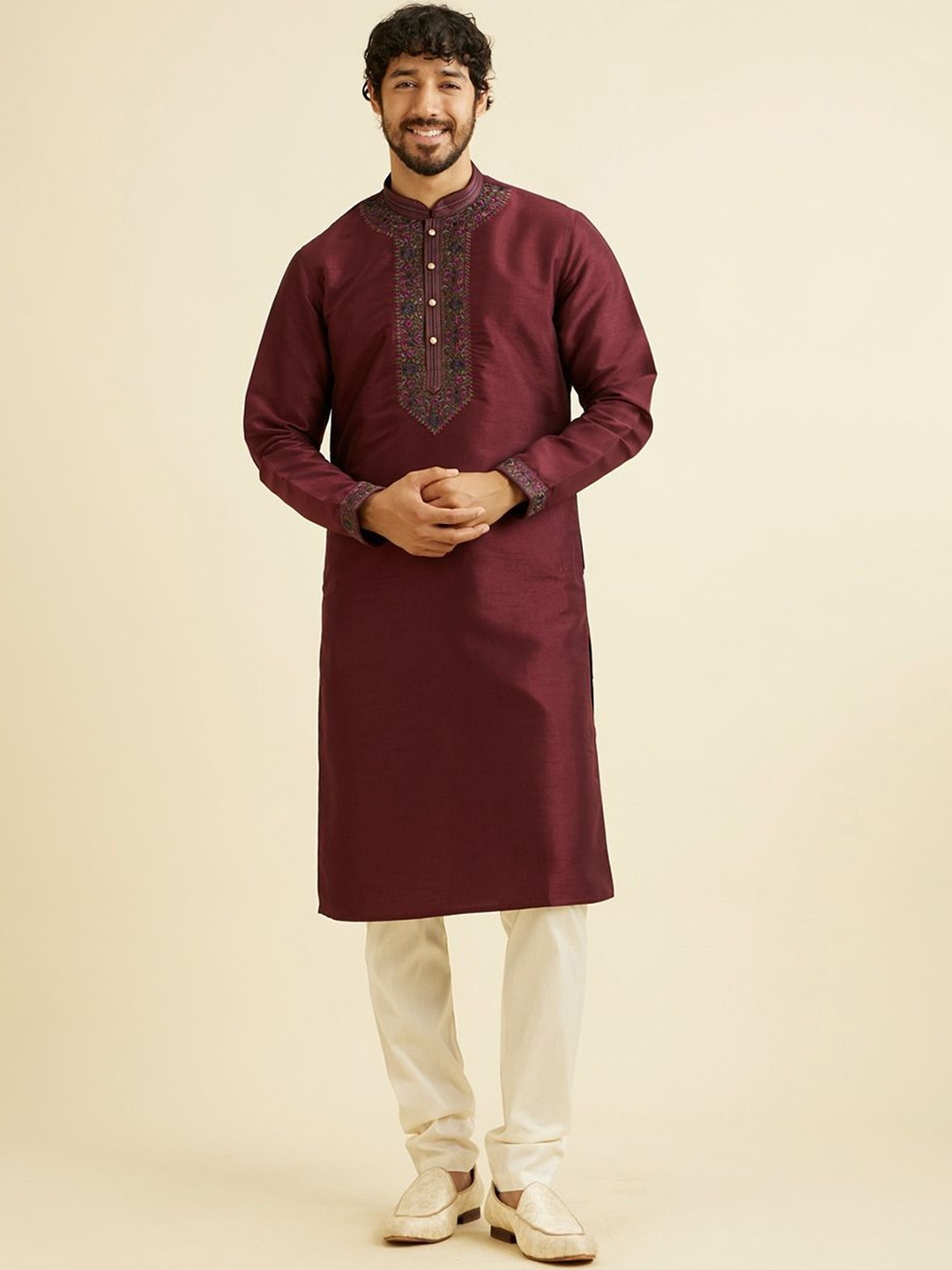 

Manyavar Floral Yoke Design Straight Thread Work Kurta with Churidar, Purple