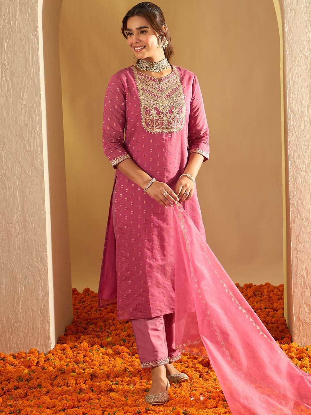 

Indo Era Embroidered Straight Zari Chanderi Cotton Kurta with Trousers & Dupatta, Mauve