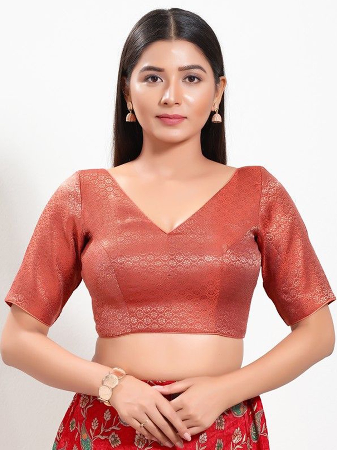

Mmore Woven Design Readymade Padded Saree Blouse, Rust
