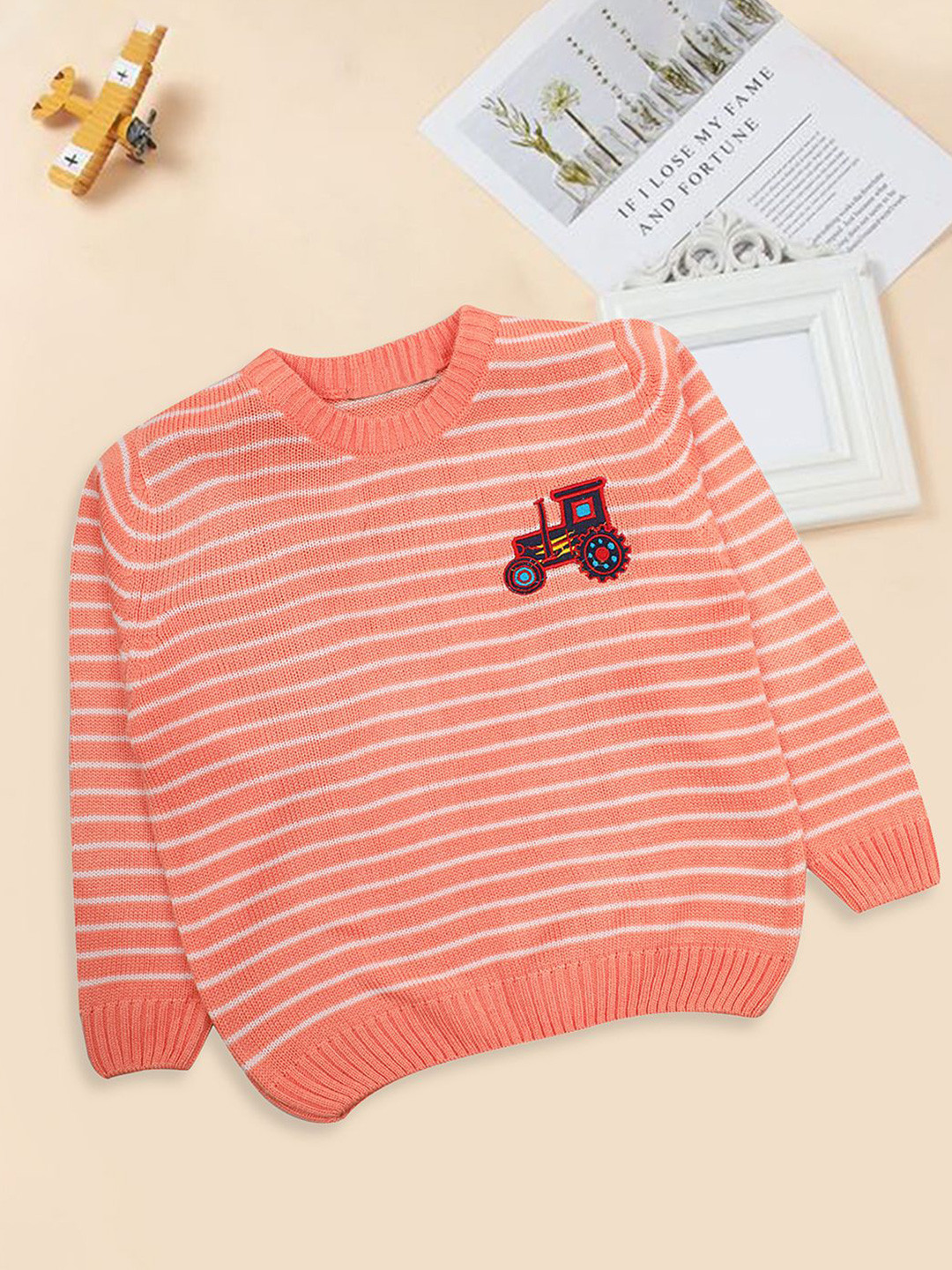 

CHKOKKO Girls Striped Woollen Pullover, Peach