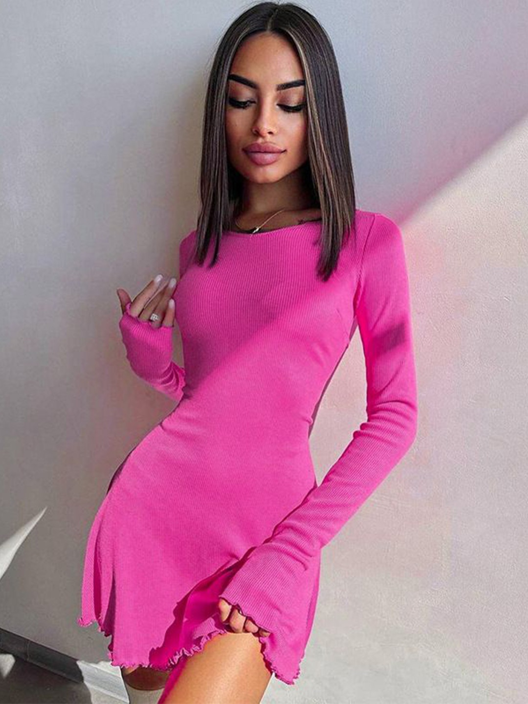 

MIAKEE Women A- Line Long Sleeves Mini Dress, Pink