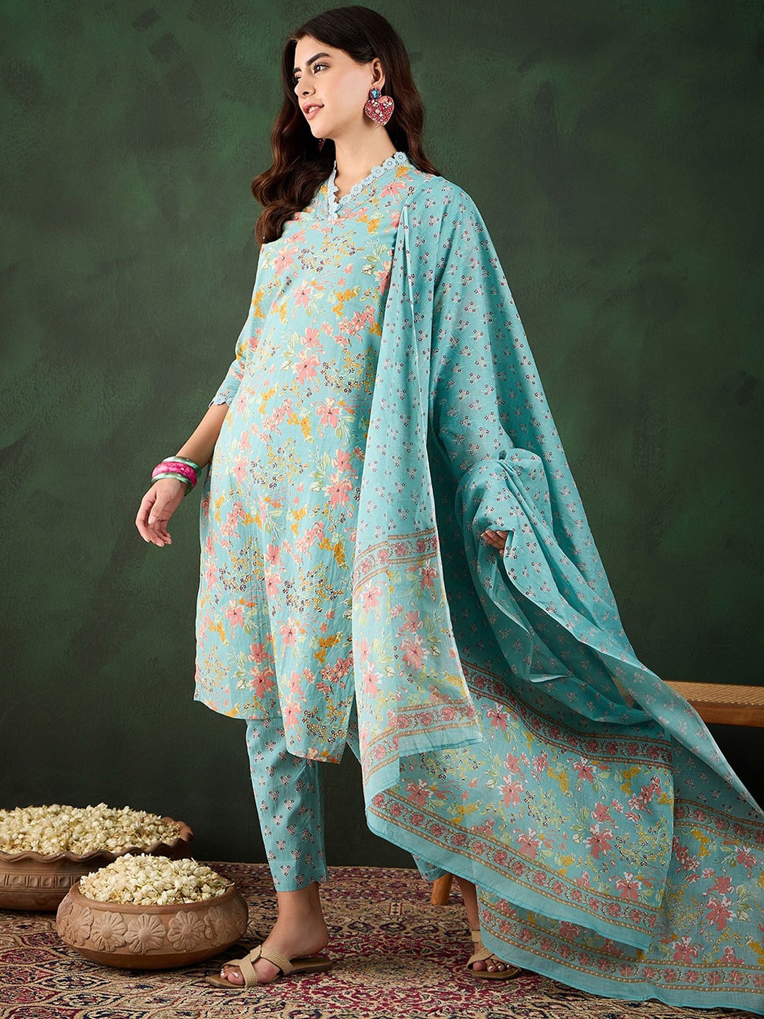 

Sangria Floral Printed Pure Cotton Straight Kurta & Trouser With Dupatta, Sea green