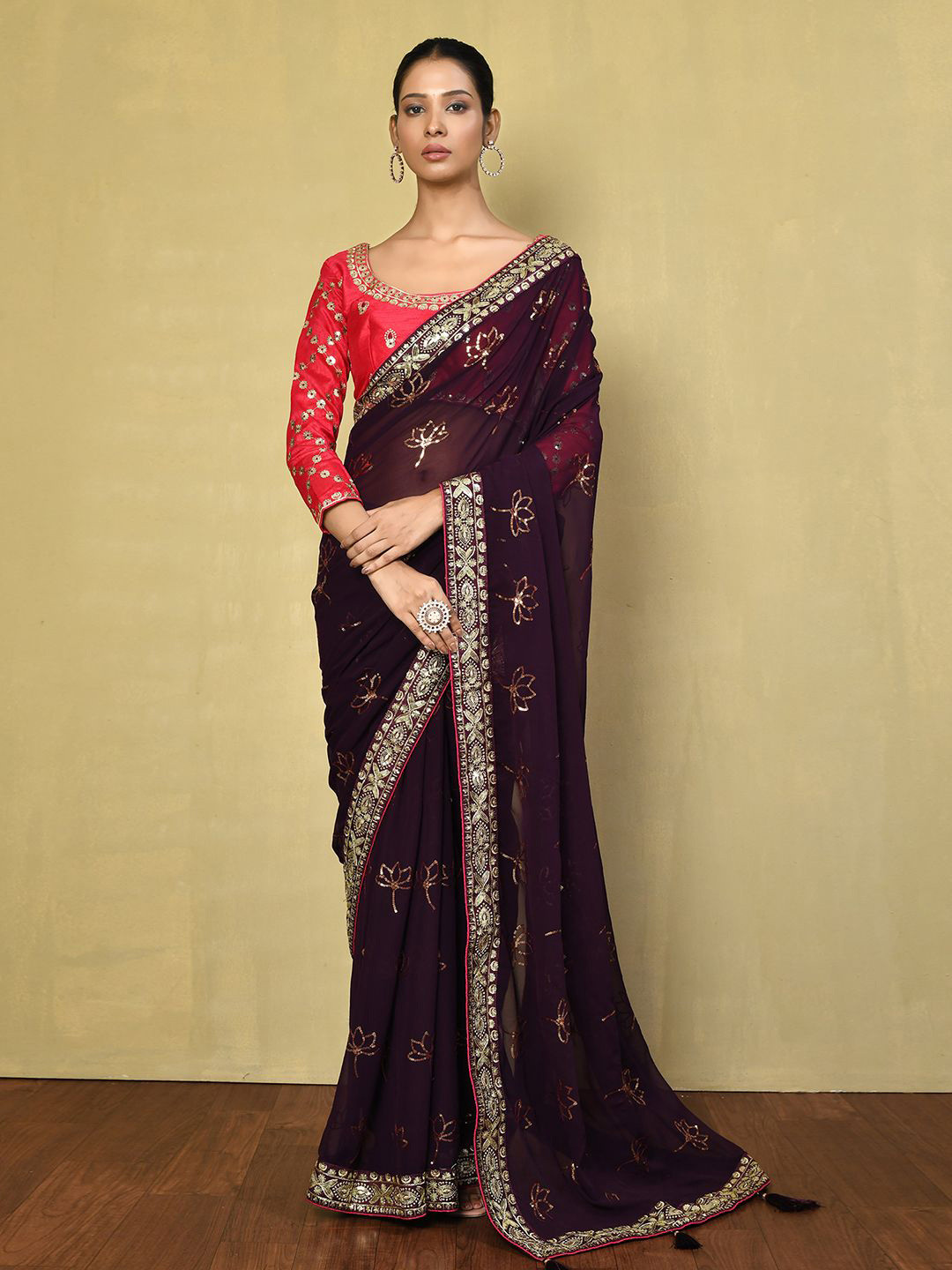 

Nazaakat by Samara Singh Floral Sequinned Poly Georgette Saree, Black