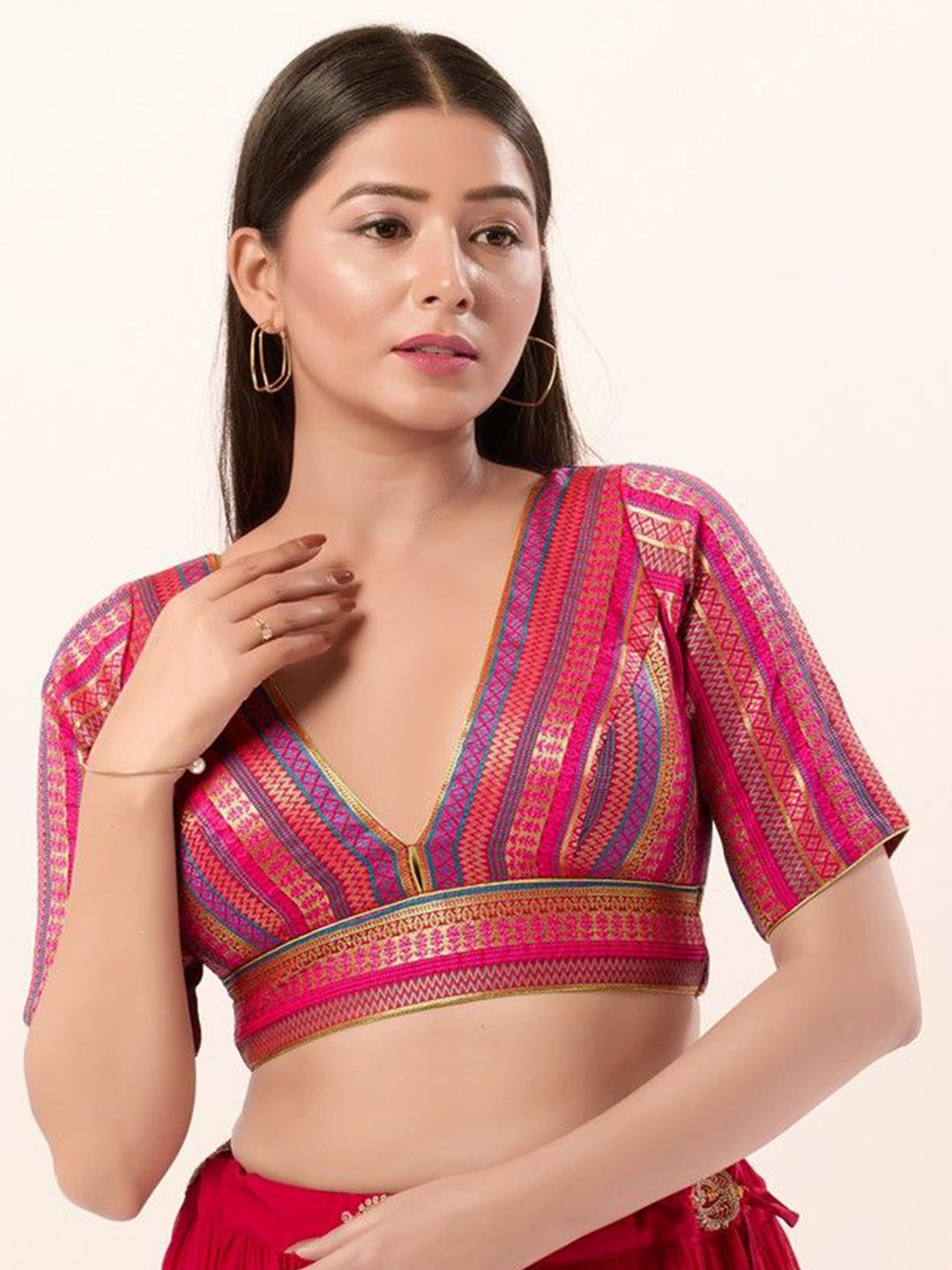 

Mmore Women Woven Design Brocade Padded Saree Blouse, Pink