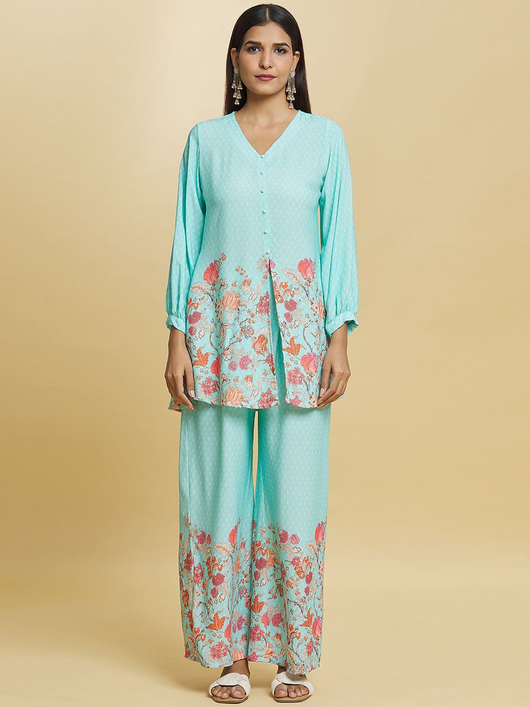 

Adara Khan Floral Printed V-Neck Tunic with Palazzos, Blue