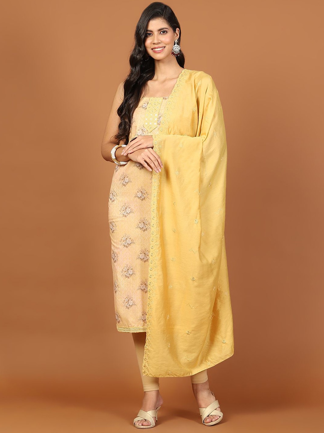 

Meena Bazaar Floral Printed Mirror Work Cotton Unstitched Dress Material, Mustard