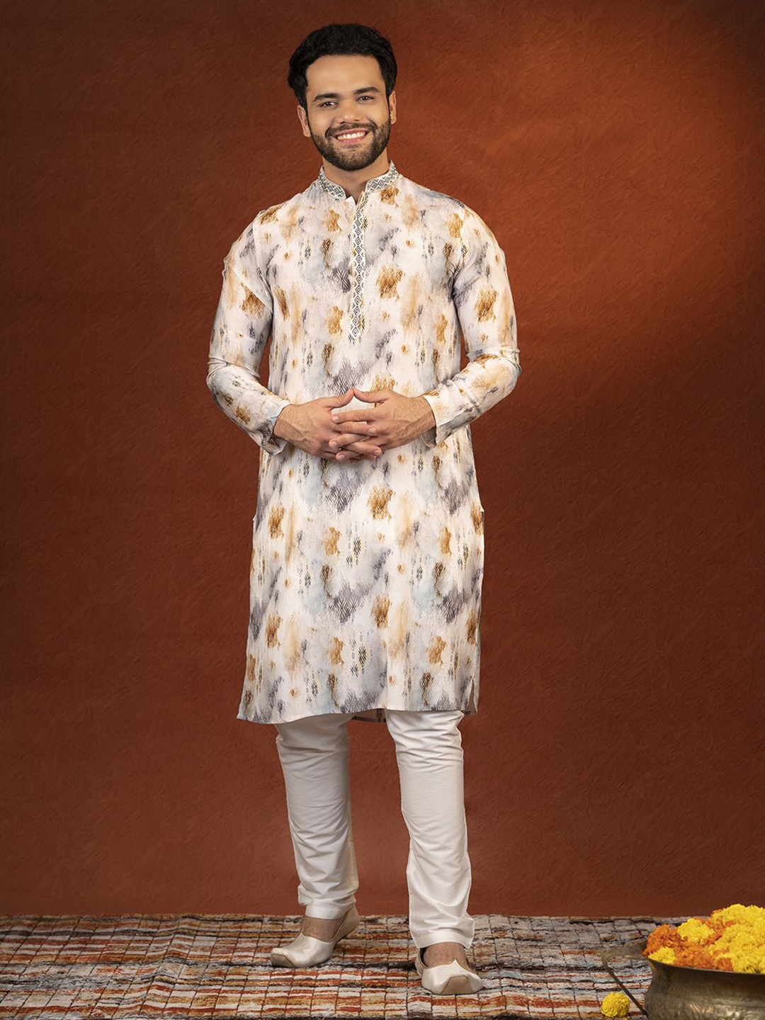 

TheEthnic.Co Abstract Printed Thread Work Pure Cotton Straight Kurta with Churidar, Cream
