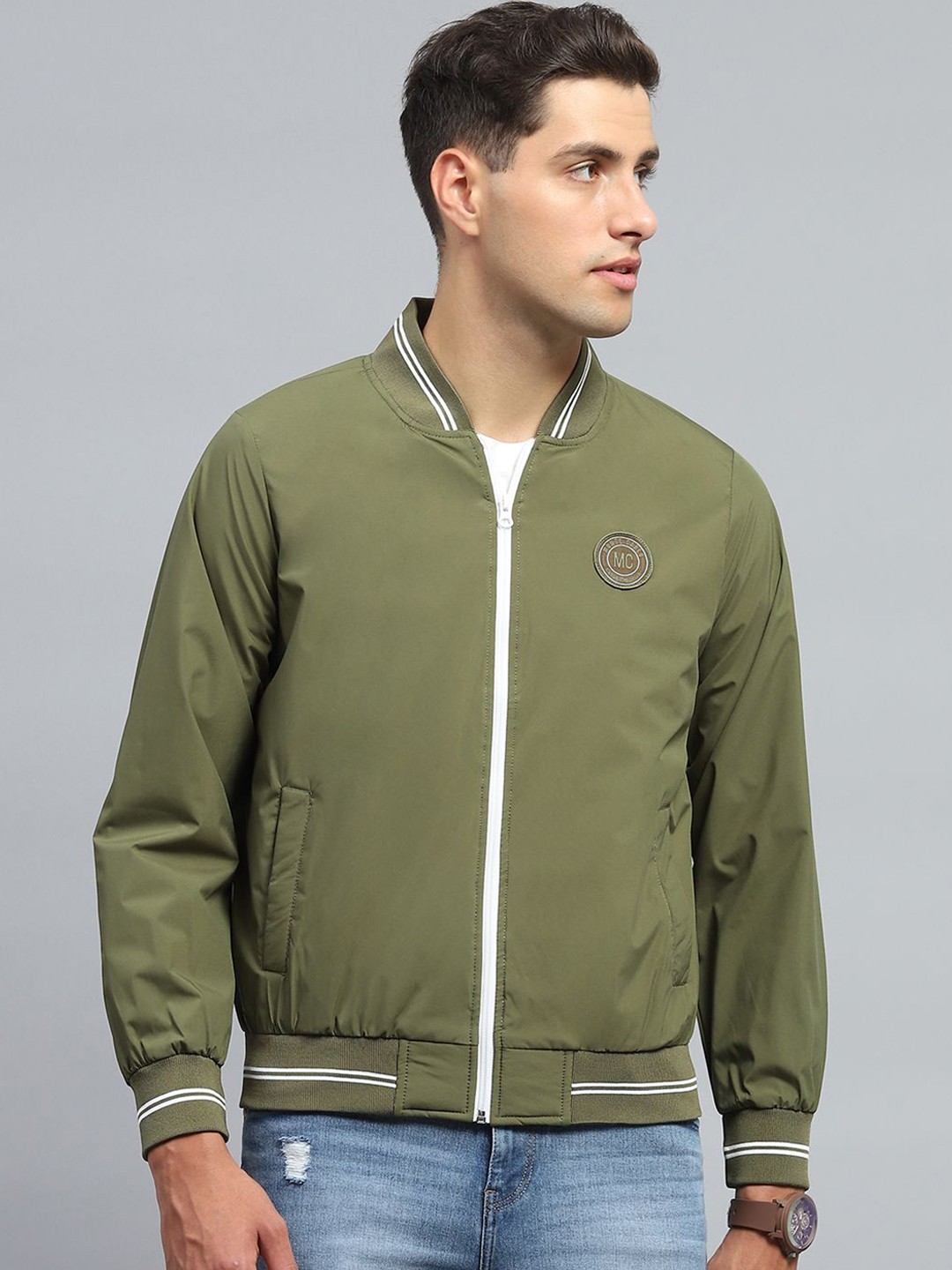 

Monte Carlo Men Stand Collar Solid Casual Bomber Jacket, Green